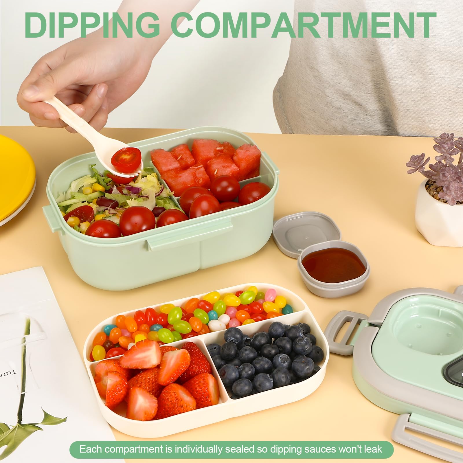 Kasanni Bento Lunch Box with Compartments - BPA-Free Food Container for Adults & Kids - Salad, Snack, Meal Prep - Includes Spoon - Ideal for School, Office, Picnics (Green)