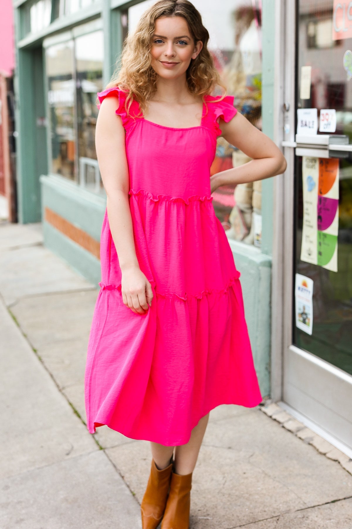 Fuchsia Smocked Flutter Sleeve Tiered Midi Dress for Women - Elegant Summer Casual & Wedding Guest Outfit