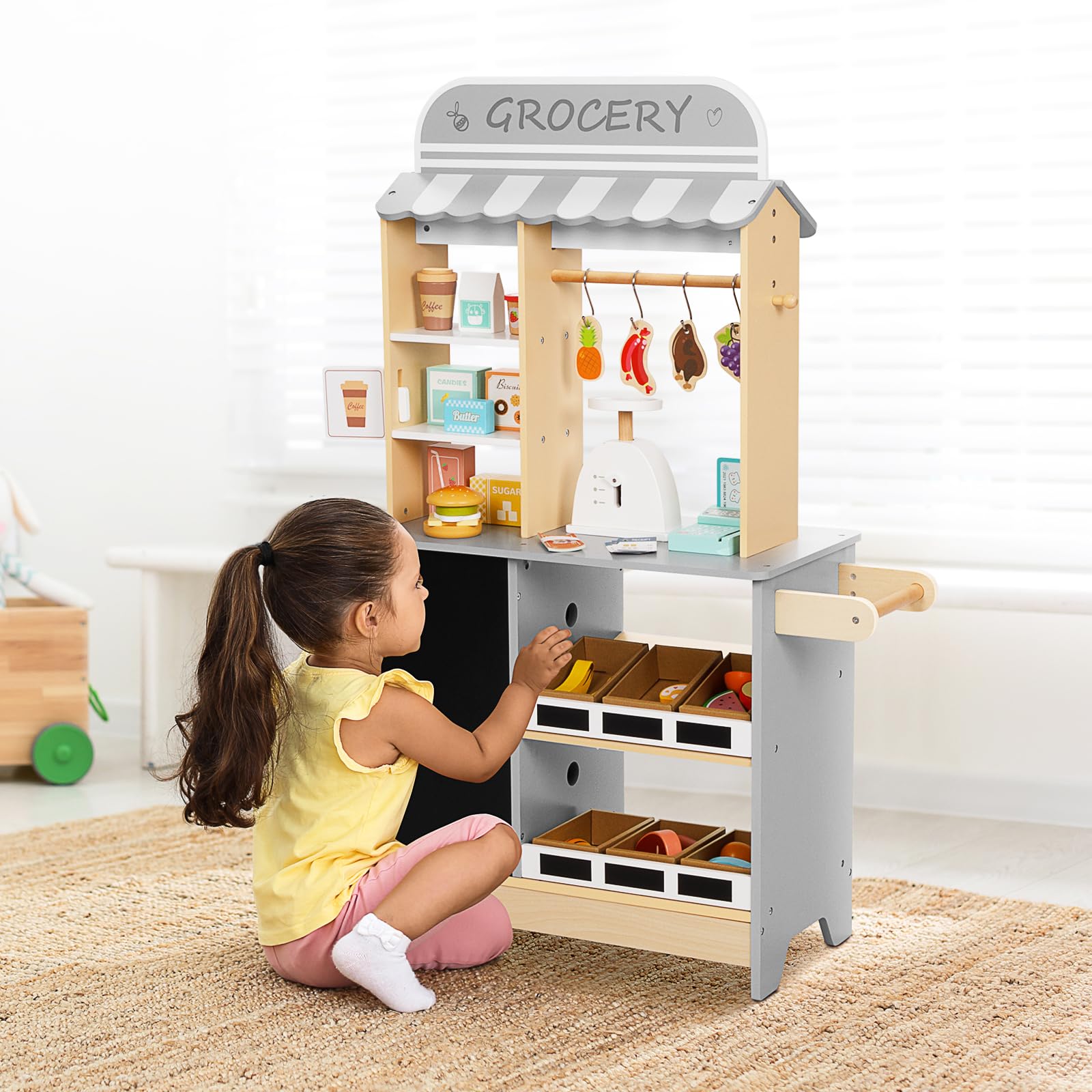 All-in-One Kids Grocery Store Pretend Play Set with Chalkboard, Reversible Design, Oven, Scale, Rolling Wheels & Cash Register - Educational Toy for Ages 3+ - Perfect for Role Play, Preschool Learning & Family Fun Time