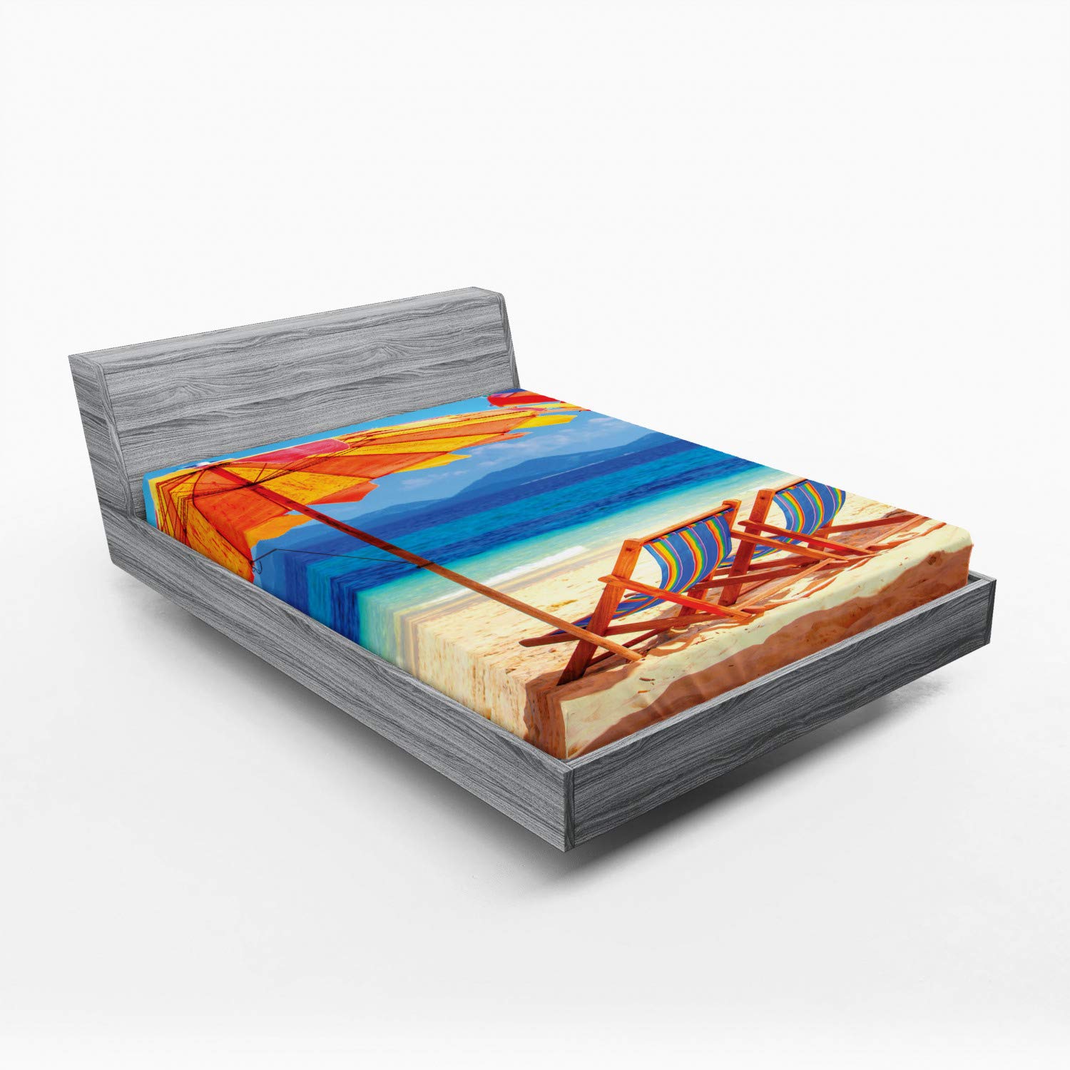 Ambesonne Tropical Beach Fitted Sheet - Full Size Deep Pocket Bed Cover with All-Around Elastic - Orange Blue Seaside Design - Perfect for Coastal, Vacation & Beach House Bedroom Decor