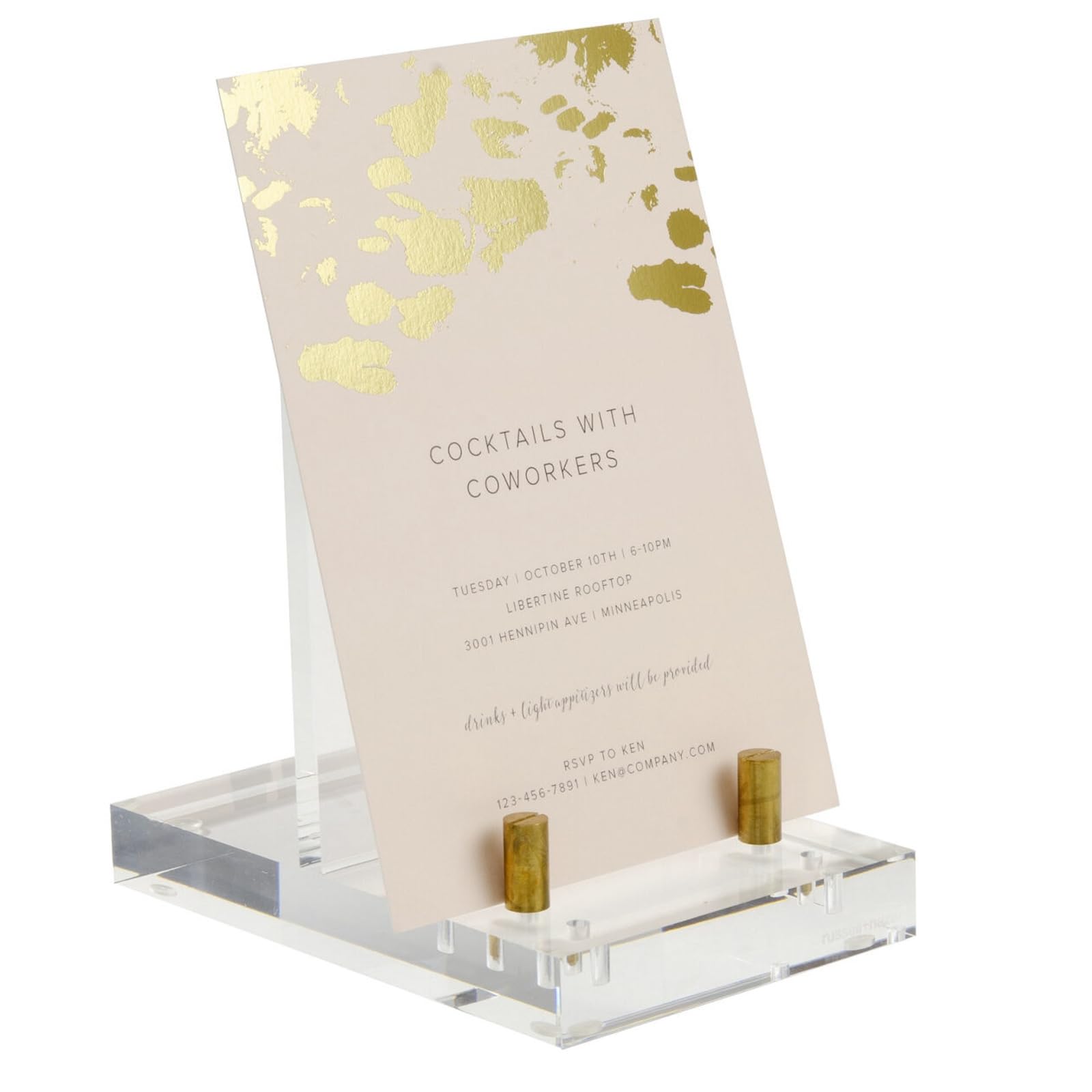 Russell+Hazel Adjustable Acrylic Easel Stand - Gold Pegs for Displaying 4x6 Pictures, Phones & Art - Clear Modern Photo Holder with Gold Accents - Perfect for Home Decor, Office Desk or Gift Giving