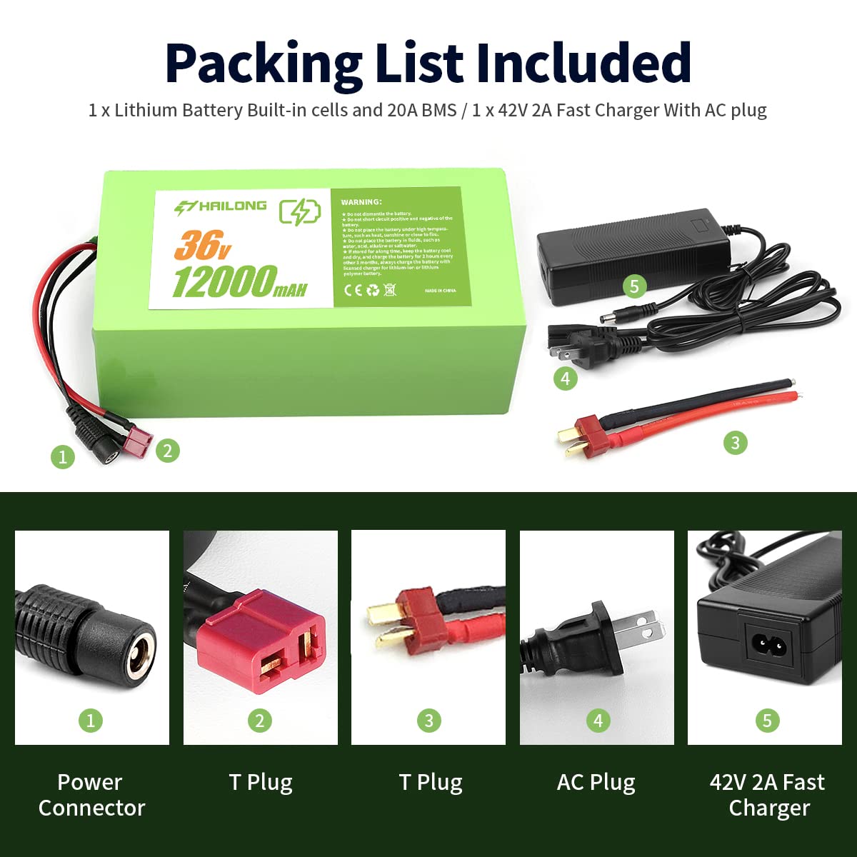 36V 12Ah Lithium Ion Ebike Battery with 42V 2A Charger - T-Plug XT60 Connector, 20A BMS, Waterproof Shrink Film (200W-750W) - Perfect for Electric Bikes, Scooters & Commuting