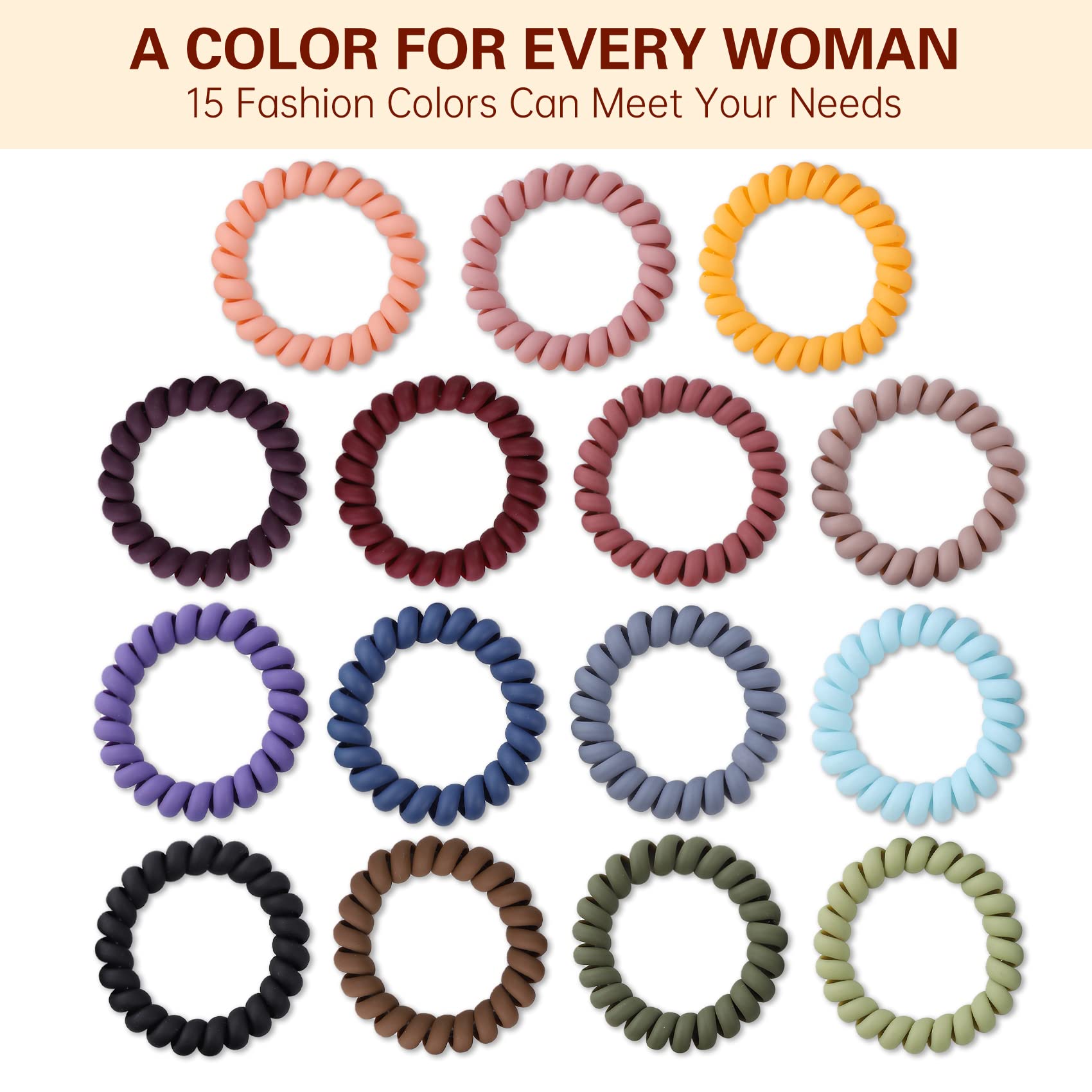 15 Pcs No-Crease Spiral Hair Ties for Women - Matte Phone Cord Hair Accessories for Curly & Thick Hair (2.2 Inches) | Perfect for Workouts, Yoga, Office & Everyday Styling