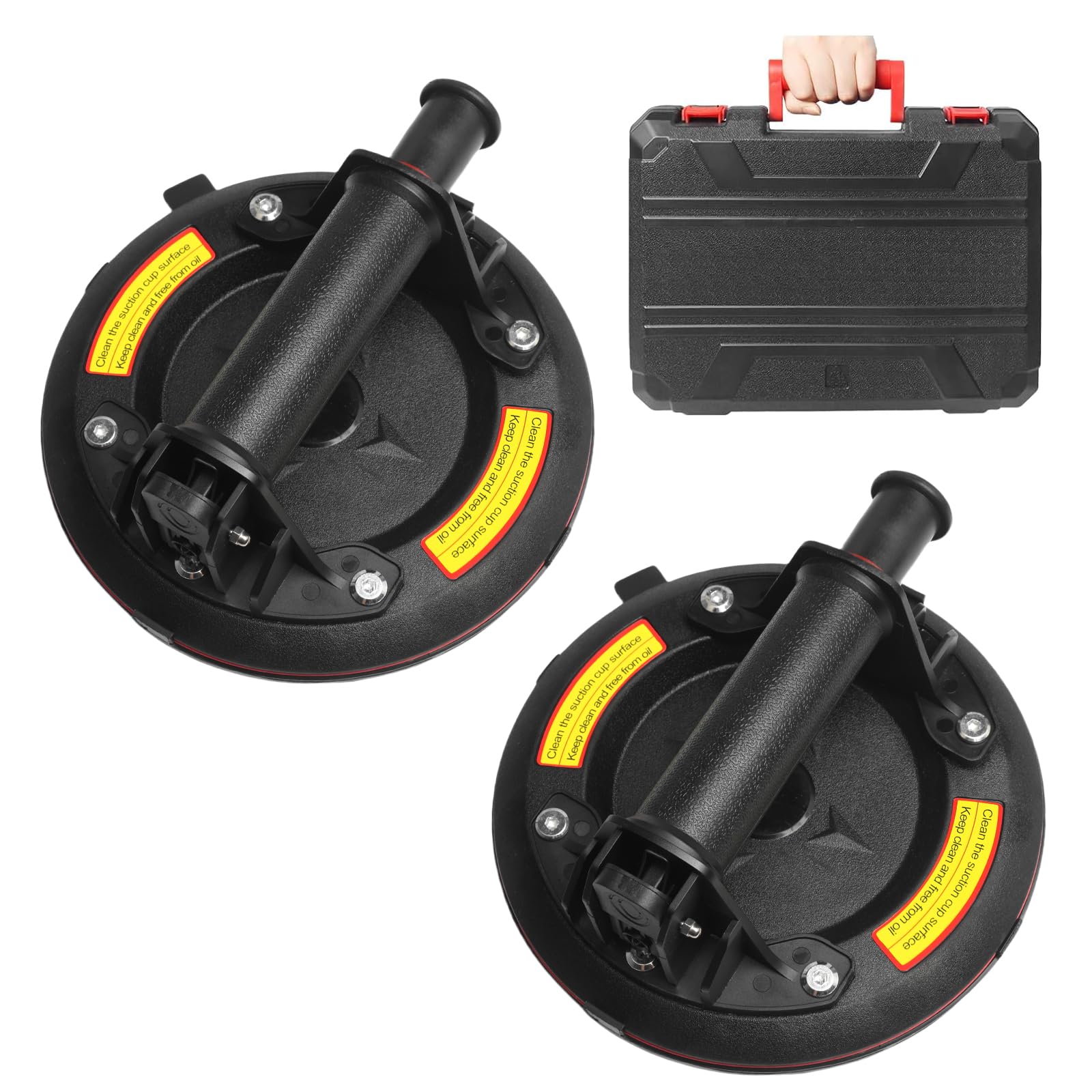 Heavy Duty Glass Suction Cups 2 Pack - 8 Inch Vacuum Lifter with Handle for Lifting Large Glass, Tiles, Windows (240 lbs Capacity) - Includes Carrying Case - Ideal for Glass Installation, Construction & Home Improvement Projects (Black)