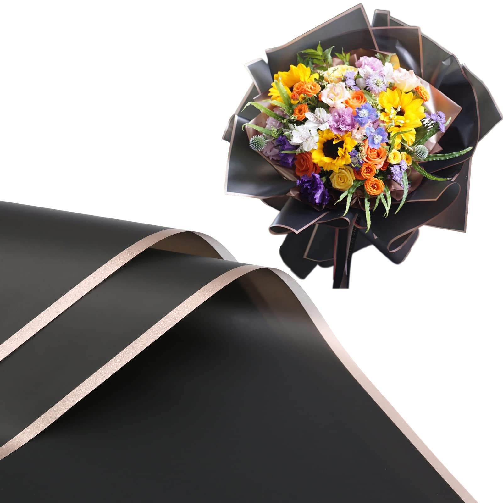 Frosted Gold Wrapping Paper - 20 Sheets 22.4x22.4 Inches, Semi-Transparent Waterproof Plastic for DIY Flower Packaging, Gift Wrapping & Craft Supplies (Black) - Perfect for Birthday, Wedding & Holiday Presents