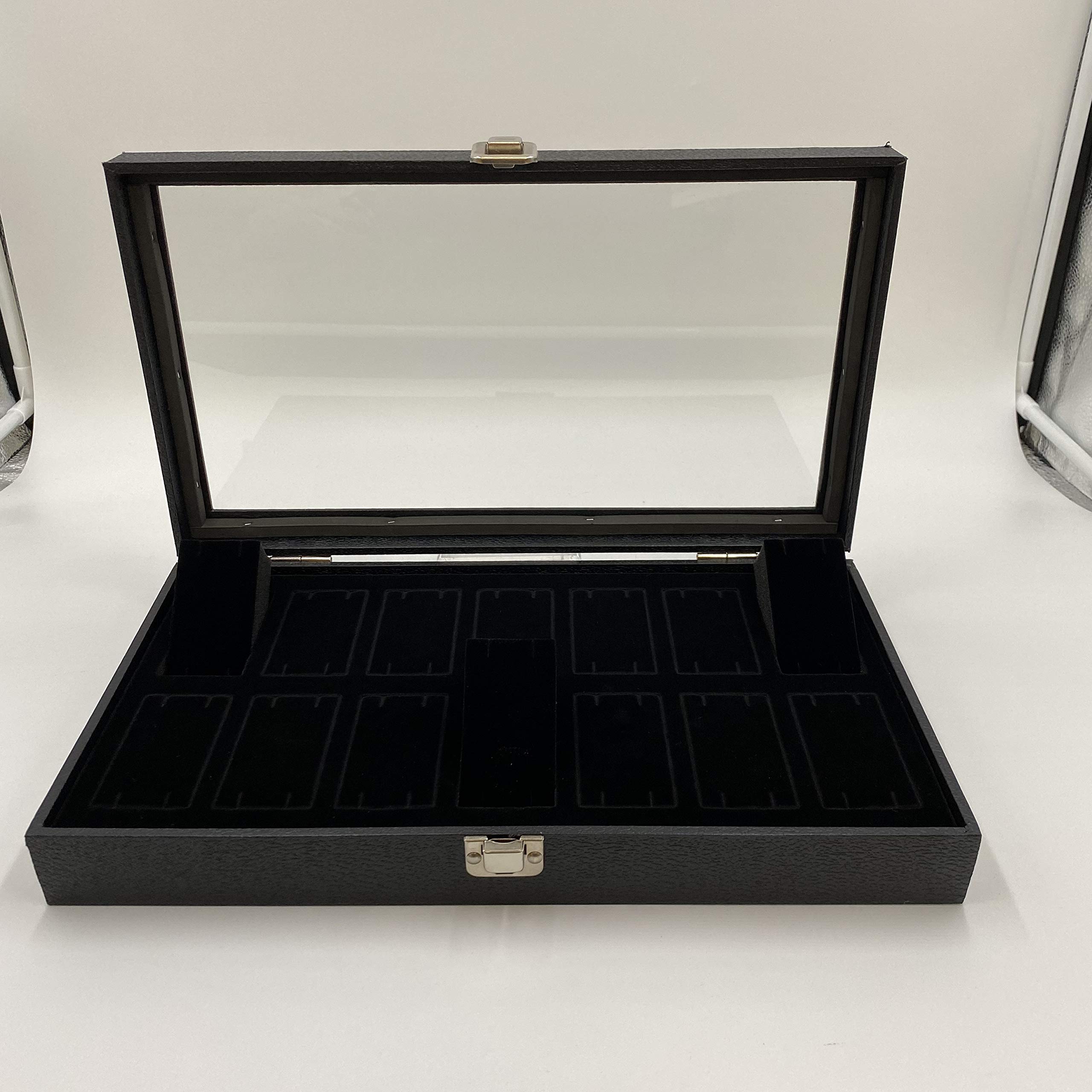 14 Slot Watch & Bangle Black Display Case with Glass Top & Removable Foam Collars - Jewelry Organizer for Retail Stores, Travel Storage & Watch Collection Display