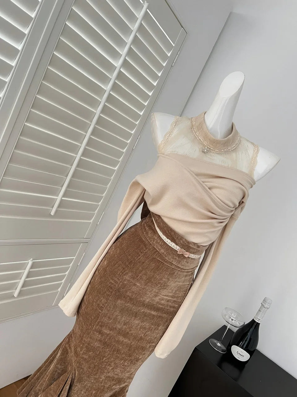 Women's Autumn Winter Fashion Outfit - Beige Patchwork Lace Long Sleeve Off Shoulder Top & Brown High Waist Pleated Skirt 2-Piece Set | Casual Date Night, Office Wear, Holiday Party Outfit