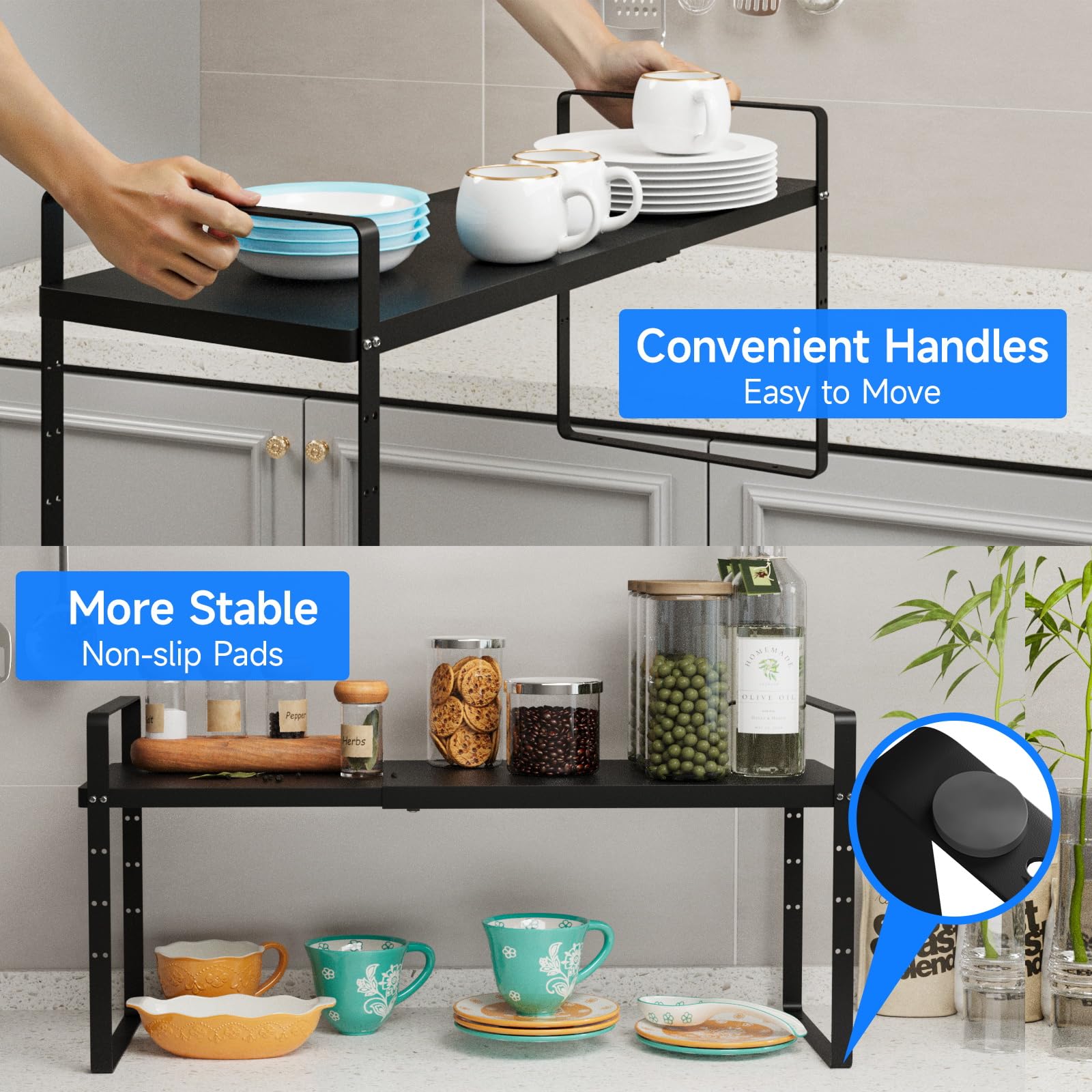 Expandable Cabinet Shelf Organizer - Stackable Kitchen Pantry Storage, Adjustable Closet & Cupboard Rack with 80LBS Capacity - Black Large 2 Pack for Spice Organization, Countertop & Bathroom Storage