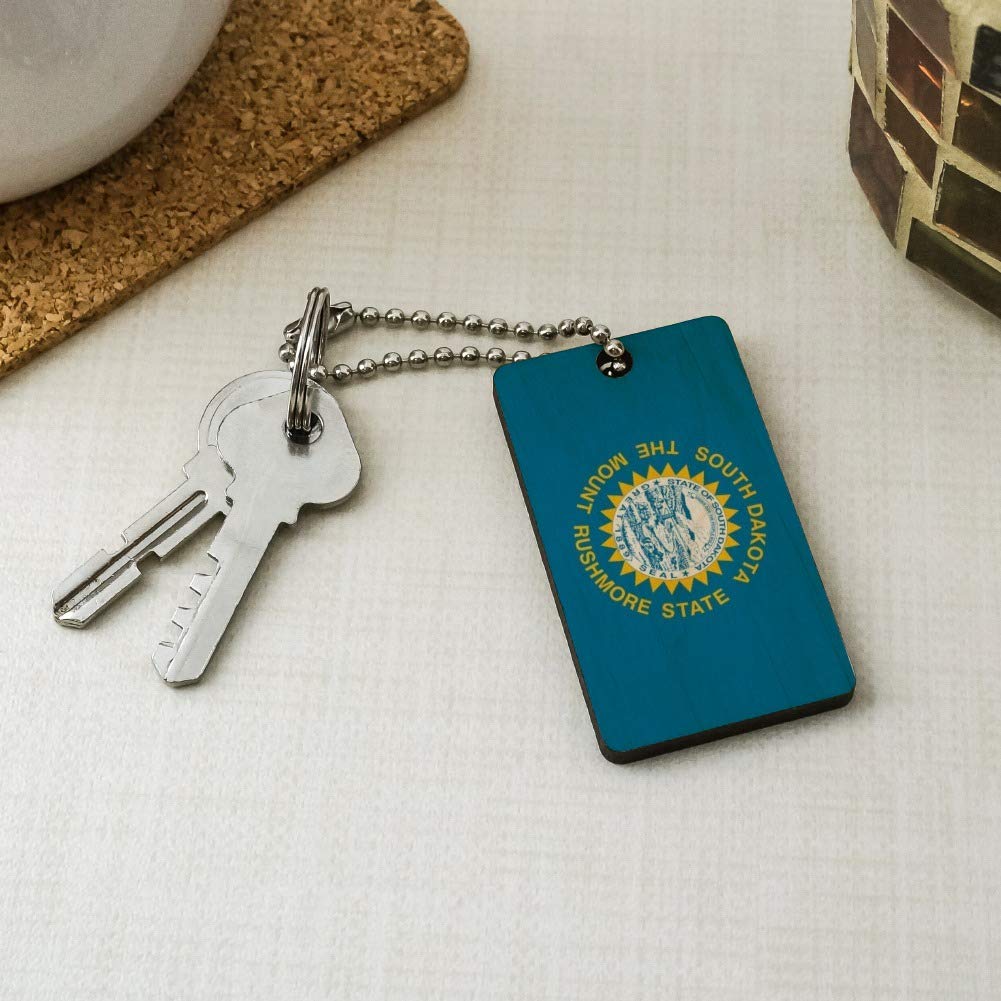 South Dakota State Flag Wooden Rectangle Keychain - Durable Wood Key Ring with State Flag Design - Perfect for Gifts, Souvenirs, and Key Organization