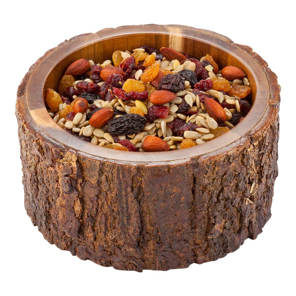 30 oz Round Natural Acacia Wood Serving Bowl with Varnished Finish & Bark Edges - 6
