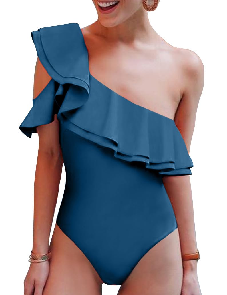 Hilor Women's One Shoulder Asymmetric One Piece Swimsuit - Ruffled Bathing Suit for Beach, Pool & Vacation | Sexy Monokini for Summer Swimwear