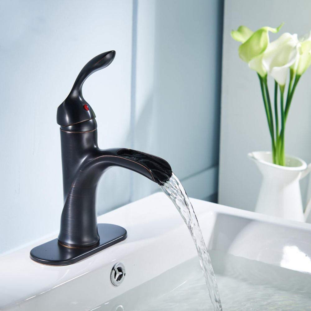 Gougeltd Single Handle Waterfall Bathroom Sink Faucet - Deck Mounted Brass Vanity Mixer Tap with Oil Rubbed Bronze Finish for Modern Bathroom & Powder Room Decor