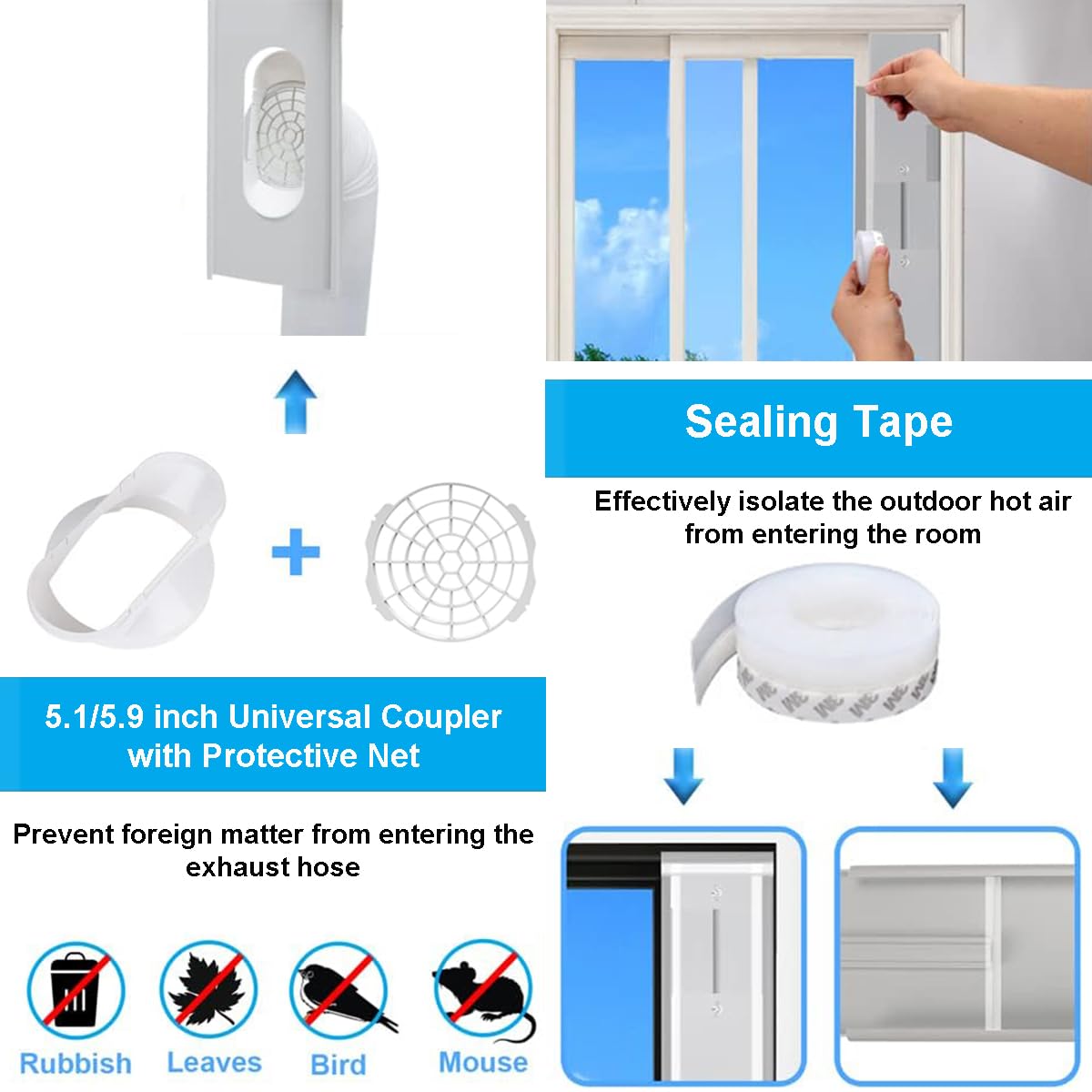 Cainda Portable Air Conditioner Window Vent Kit - Adjustable 17-55in (43-140cm) for 5/5.9In (13/15cm) AC Exhaust Hose | Universal Window Seal for Portable AC Units | Perfect for Home, Office & Apartment Cooling