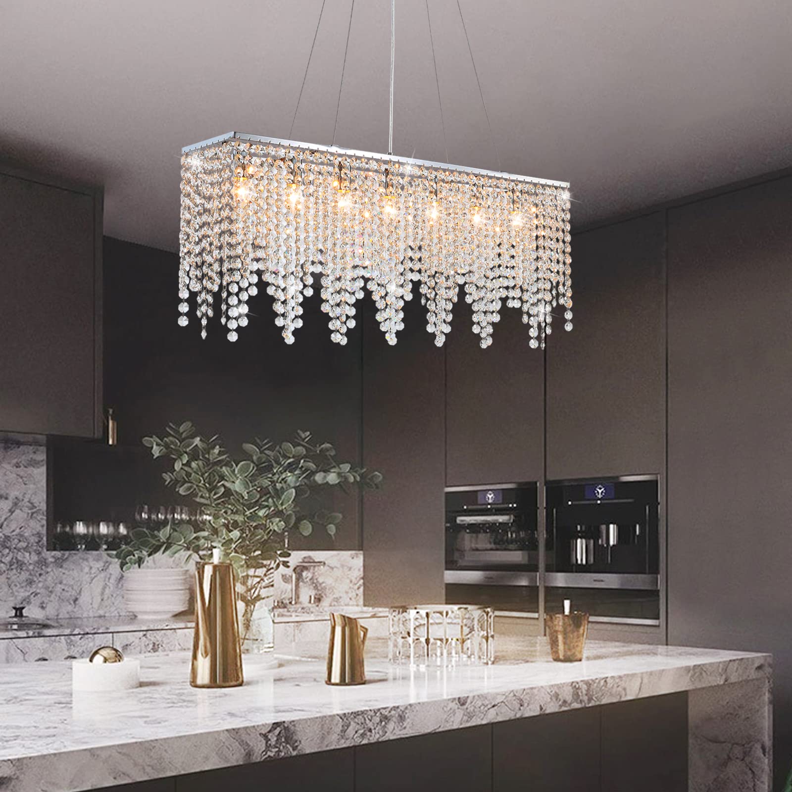 7PM 10-Light Rectangle Crystal Chandelier - Modern Linear Pendant Lighting for Dining Room & Kitchen Island (47