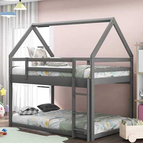 P PURLOVE Twin Over Twin Wooden House Bunk Bed with Ladder for Kids & Teens - Space-Saving Twin Size Low Bunk Bed for Small Rooms, Shared Kids Bedroom or Vacation Homes - Durable & Stylish Sleep Solution