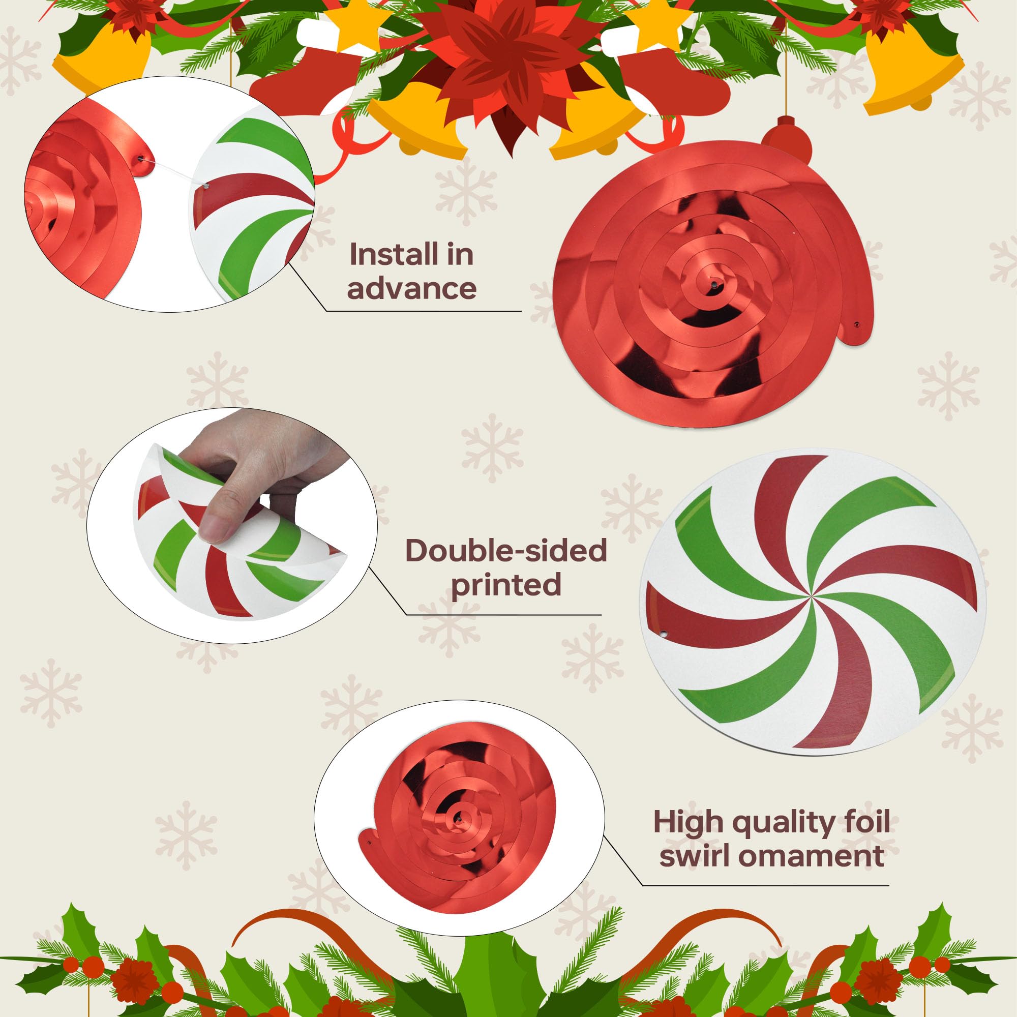 57pcs Christmas Candy Hanging Swirl Decorations - Xmas Party Ceiling Hanging Streamers, Peppermint Candy Cutouts Ornaments for Holiday Party, Classroom & Home Decor - Perfect for Christmas Tree, Gift Wrapping & Festive Celebrations
