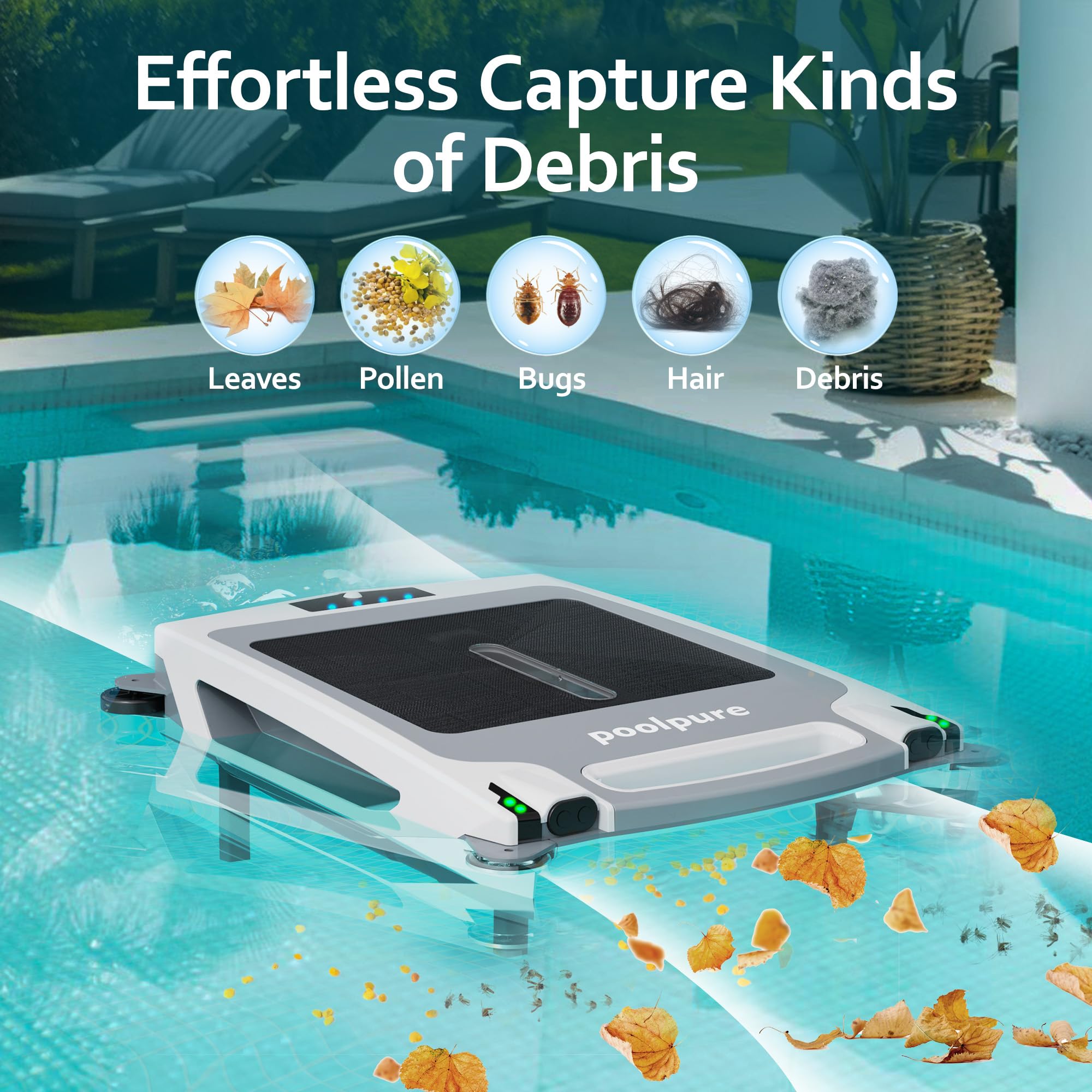 POOLPURE Solar Powered Automatic Pool Skimmer Robot - Twin Motor Surface Cleaner for Inground & Above Ground Pools | Efficient Debris Removal for Leaves, Bugs & Pollen | Ideal for Backyard, Vacation Homes & Commercial Pools