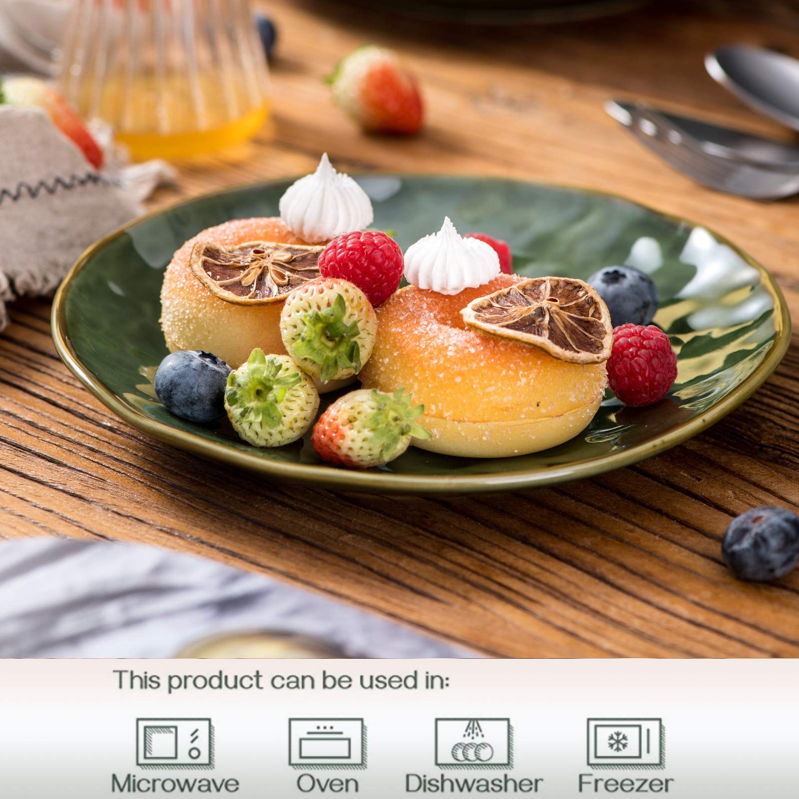 6-Pack 8 Inch Ceramic Round Dessert Salad Plates - Microwave, Oven & Dishwasher Safe Scratch-Resistant Porcelain Fluted Platters - Perfect for Snacks, Appetizers, Home Dining & Party Serving (Green) - Ideal for Holiday Gatherings, Afternoon Tea & Wedding Receptions