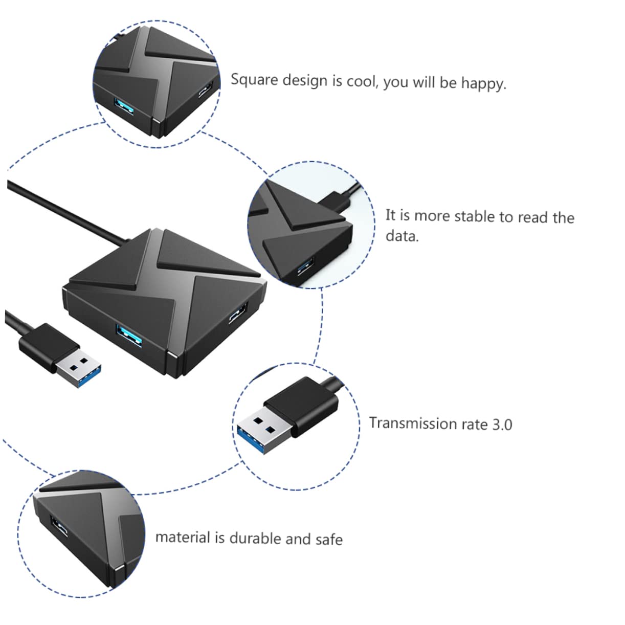 OSALADI USB 3.0 Hub Splitter with 4 Ports - High Speed USB Hub Adapter for Laptop, PC, Mac - Portable USB Extension Connector for Charging, Data Transfer, Flash Drives - Perfect for Home Office & Travel Use