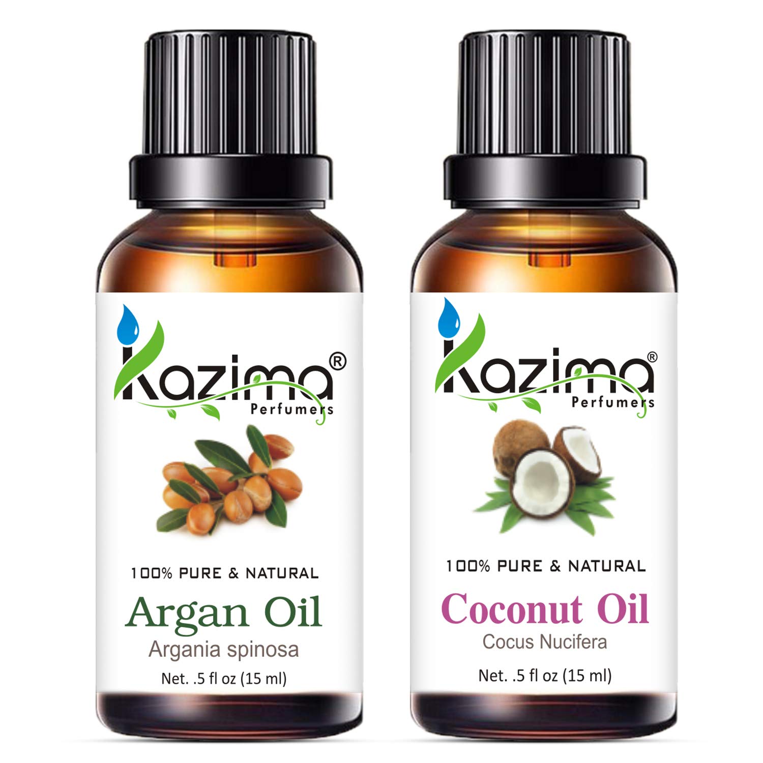 KAZIMA 100% Pure Cold Pressed Argan Oil & Coconut Oil Combo - Organic Carrier Oils for Hair Growth, Scalp Care, Skin Moisturizer & Acne Treatment (15ml x 2) - Perfect for DIY Beauty, Massage & Natural Hair Care Routines
