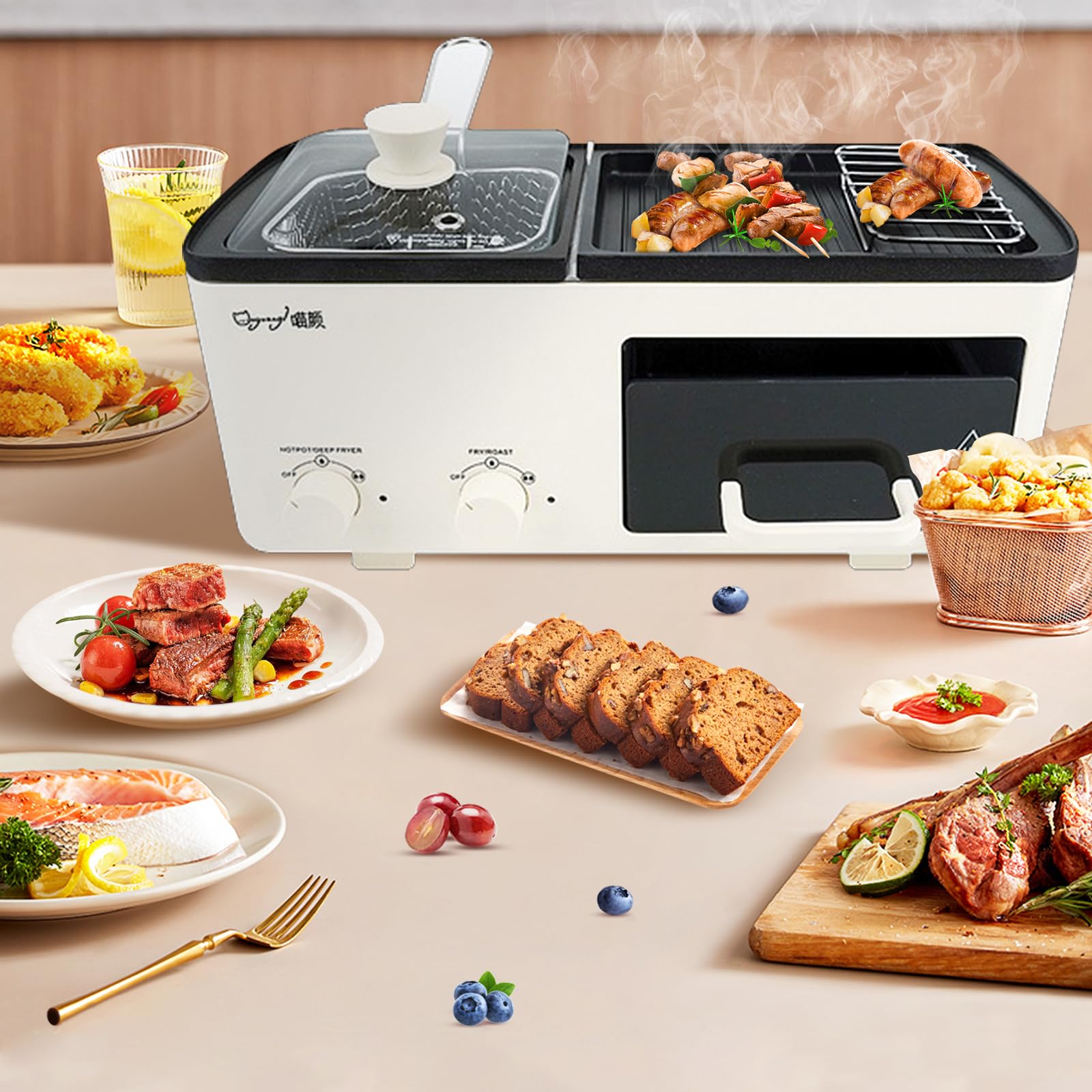 Yangming 4-in-1 Breakfast Sandwich Maker with Grill, Toaster & Frying Basket - Removable Nonstick Plates, Dual Temp Control - Perfect for Eggs, Burgers & Quick Breakfasts (Ideal for Busy Mornings, Dorms & Small Kitchens)