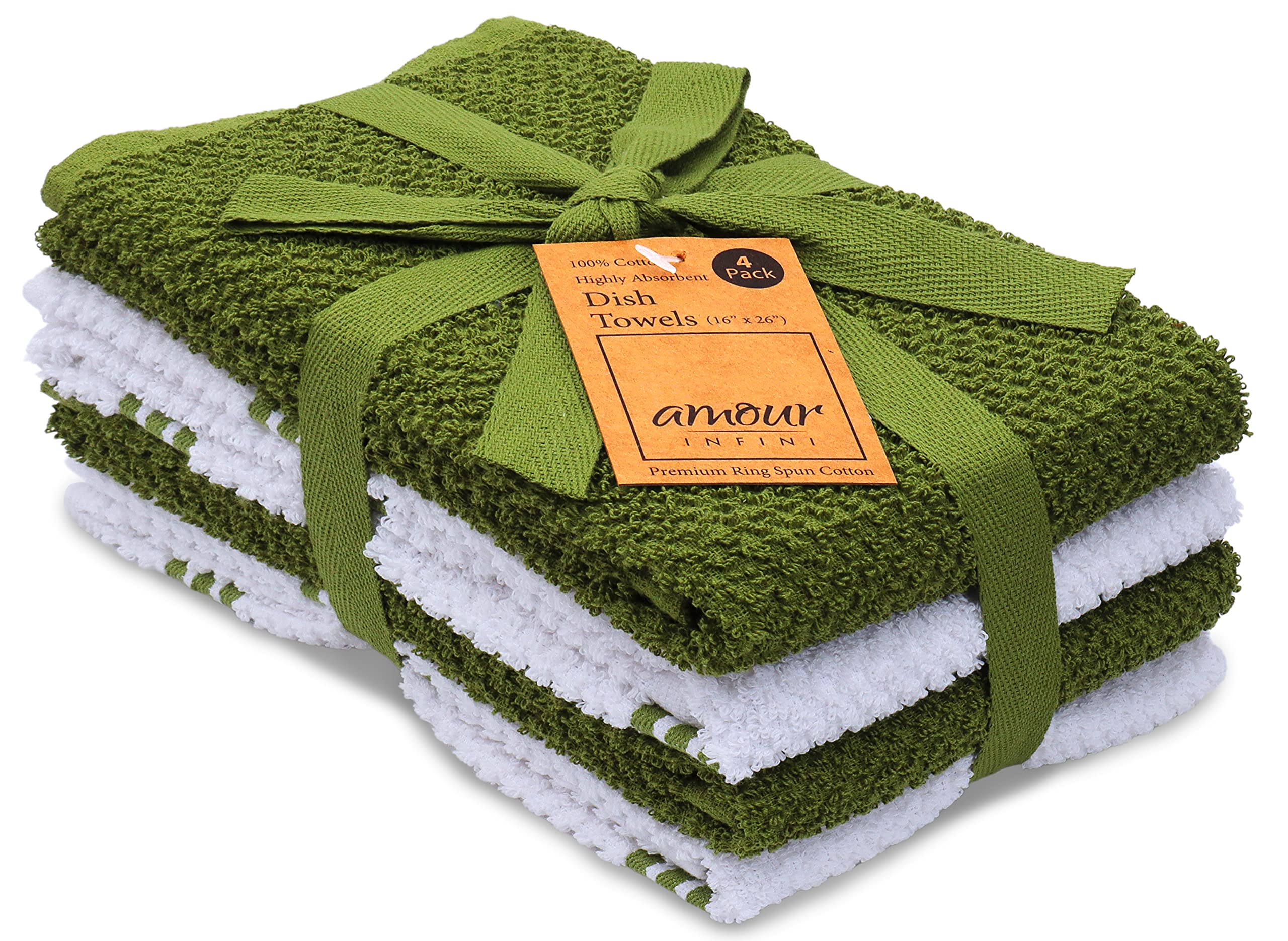 AMOUR INFINI Premium Cotton Kitchen Towels - Pack of 4 Absorbent & Quick Drying Dish Towels with Hanging Loop (16x28 Inch) - Ideal for Hand Drying, Dish Washing & Tea Time - Green