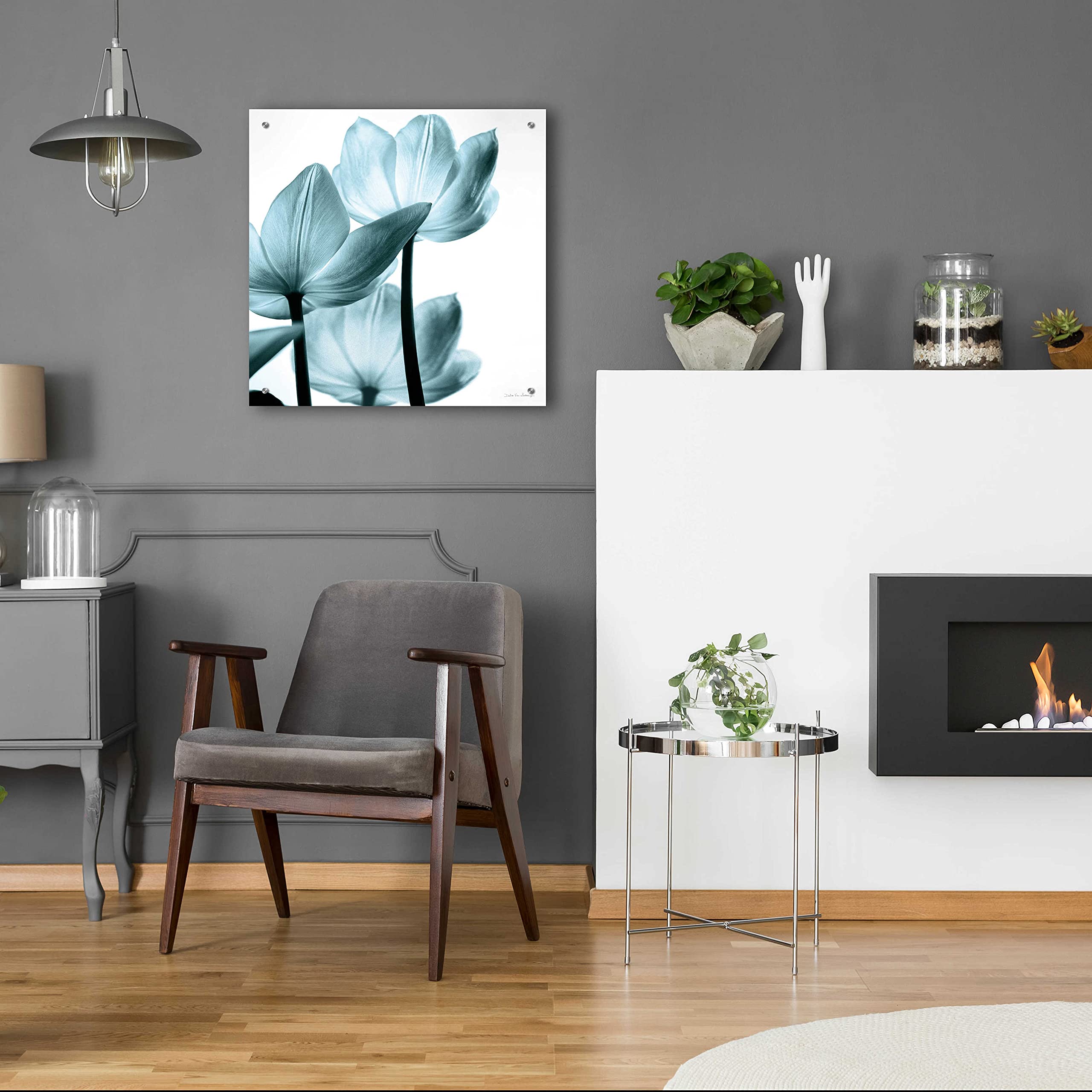 Debra Van Swearingen Translucent Tulips III Aqua Acrylic Glass Wall Art - 24x24 Inch Modern Abstract Floral Painting for Living Room, Bedroom & Office Decor