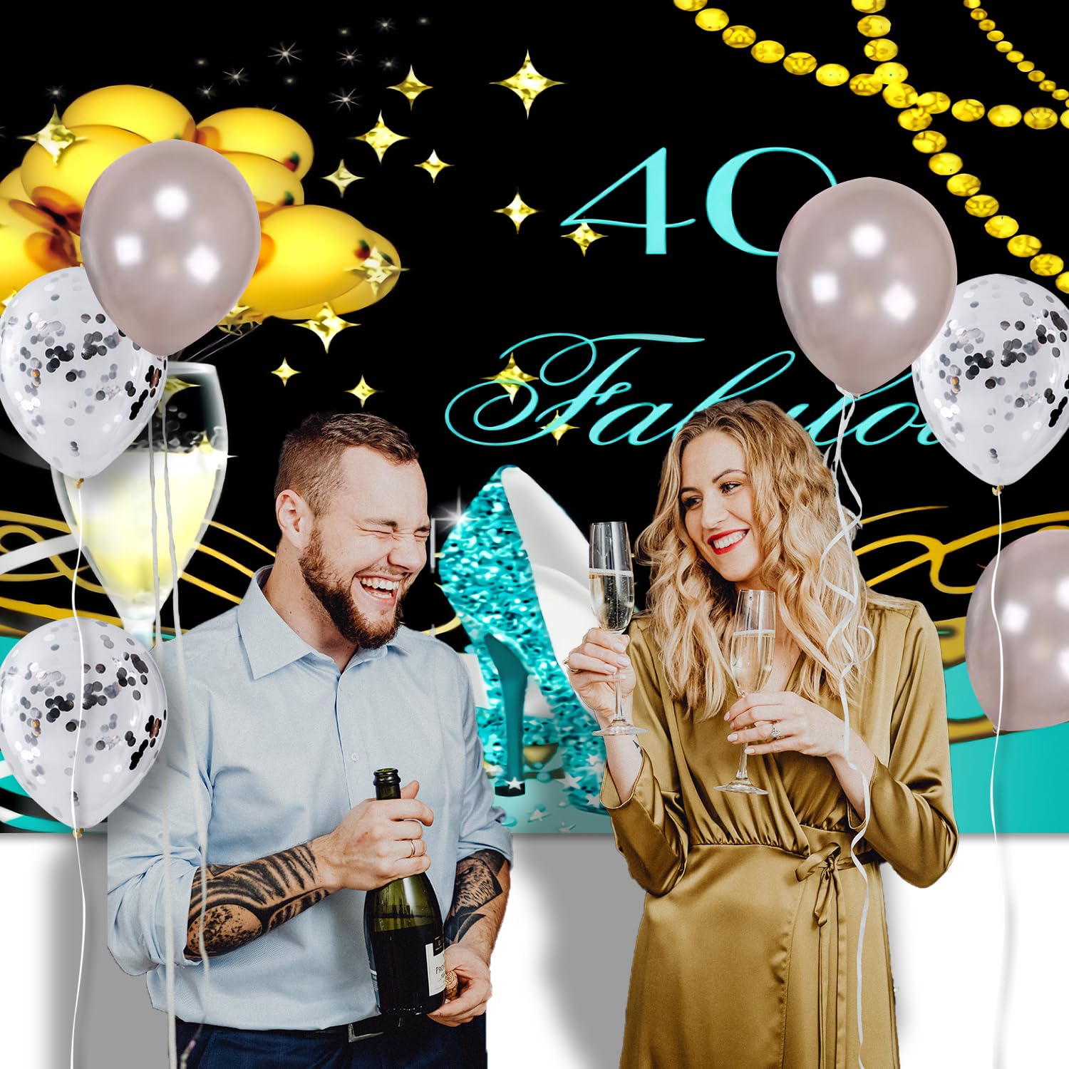 Teal Black Gold 40th Birthday Party Decorations Set - Shiny Sequin Backdrop Banner, High Heels & Champagne Glasses for Women's Milestone Celebration | Perfect for Photo Booths, Birthday Parties & Anniversary Events