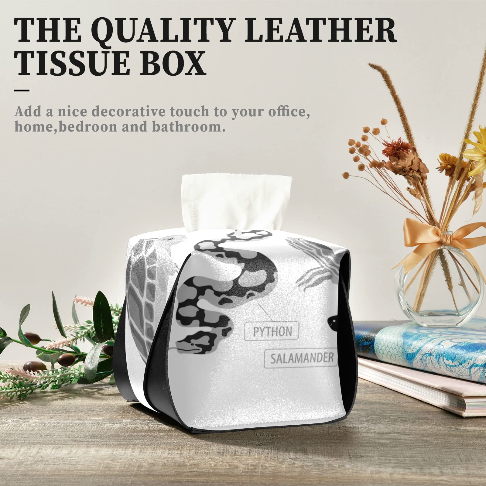 Premium Black & Grey Leather Tissue Box Cover for Reptile Pets (Frog, Iguana, Lizard, Snake, Turtle) - 9.4x5.1x3.6 Inch Rectangle Design with Handle - Perfect for Bathroom, Home, Office Desk, Nightstand, Vanity & Car