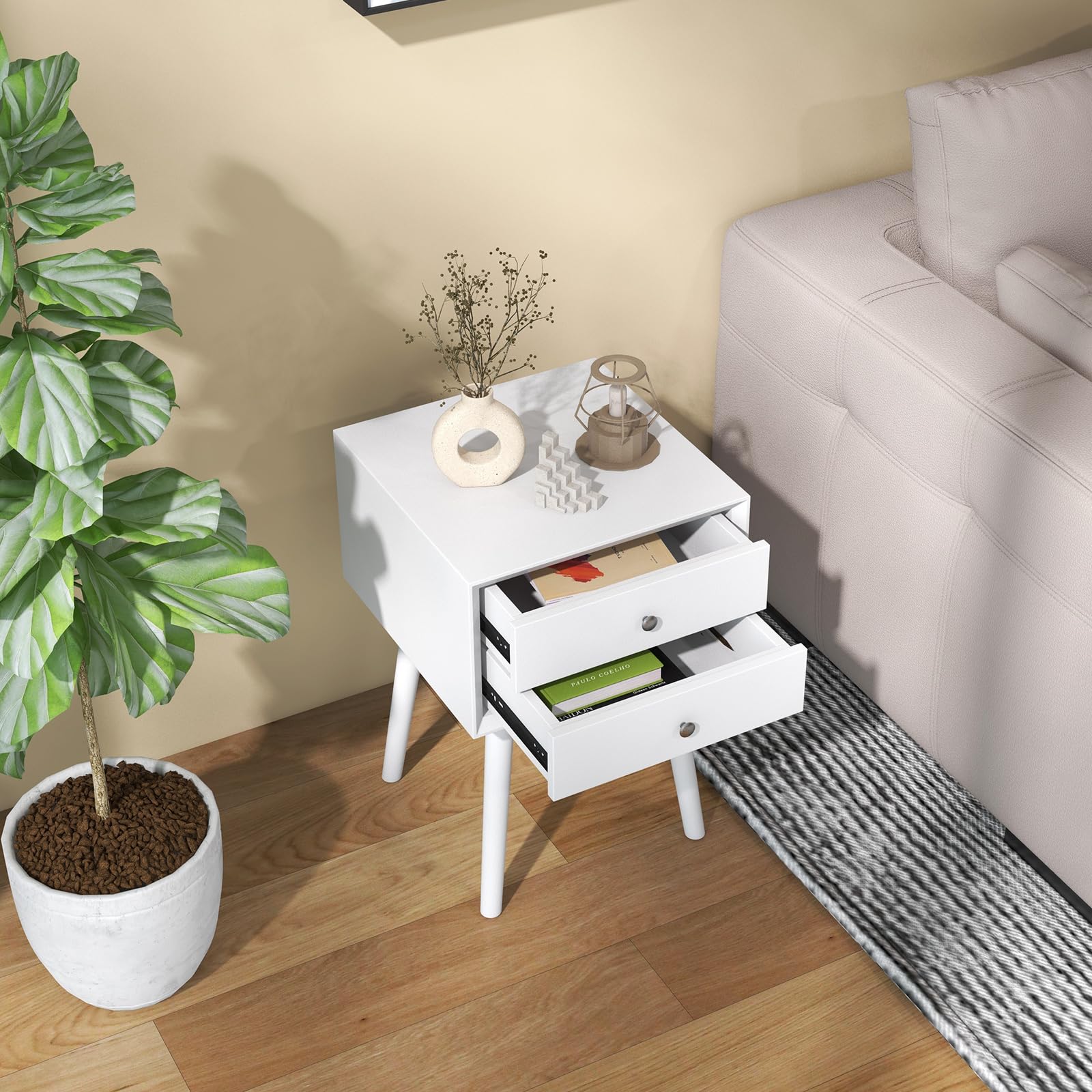 Giantex White Nightstand with 2 Drawers - Solid Wood Bedside Table for Bedroom & Living Room
