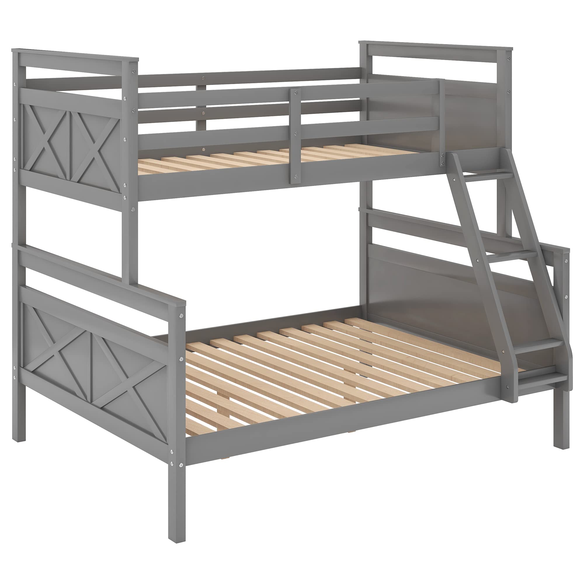 LZ LEISURE ZONE Twin Over Full Bunk Bed - Sturdy Wooden Bunk Bed with Ladder & Safety Guardrail - Space-Saving Bed Frame for Kids, Teens & Guest Rooms - Grey - Perfect for Small Bedrooms, Vacation Homes & Dormitories
