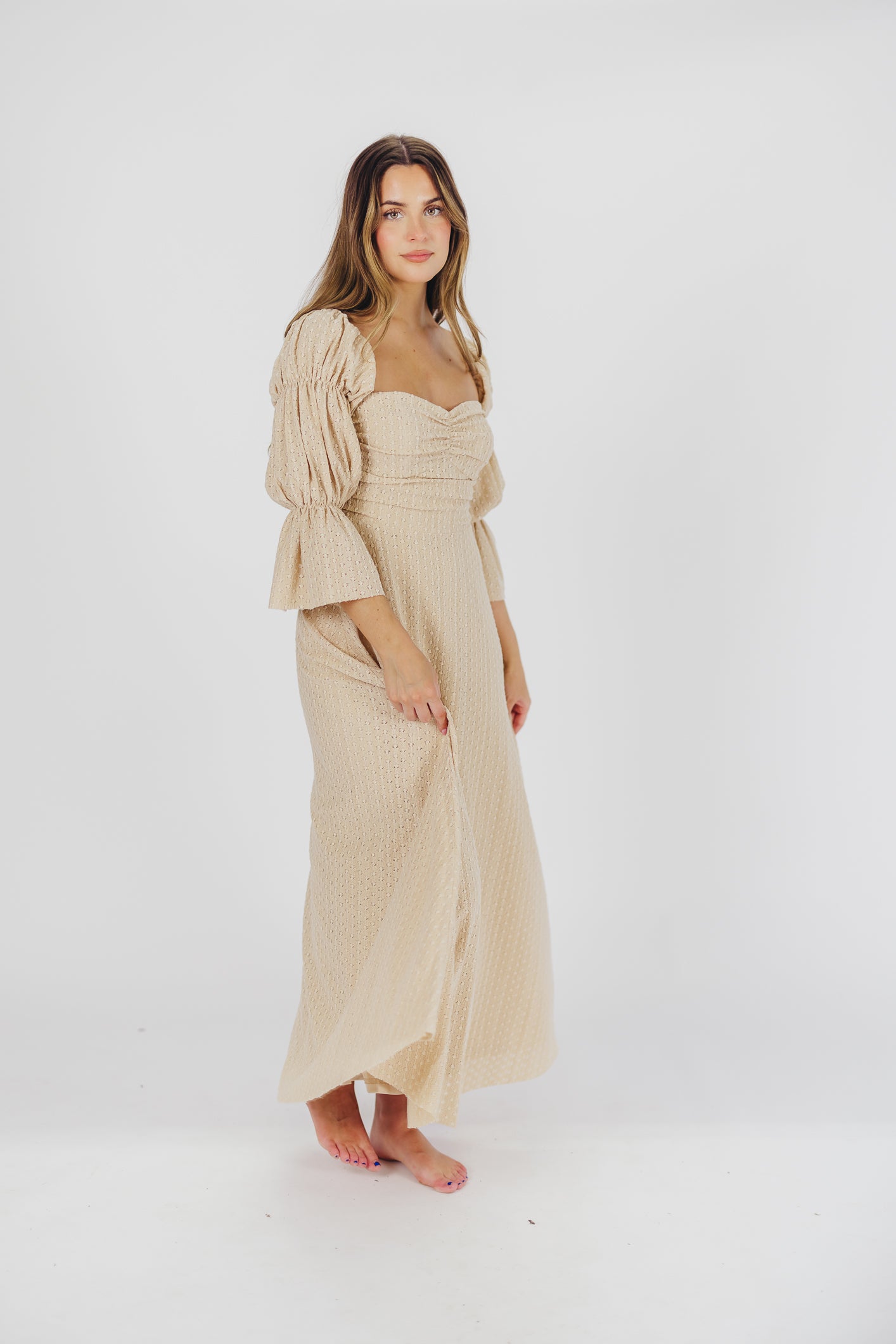 Corrine Tiered Sleeve Maxi Dress with Pockets - Bump Friendly Maternity Dress in Beige | Perfect for Pregnancy, Nursing, and Special Occasions