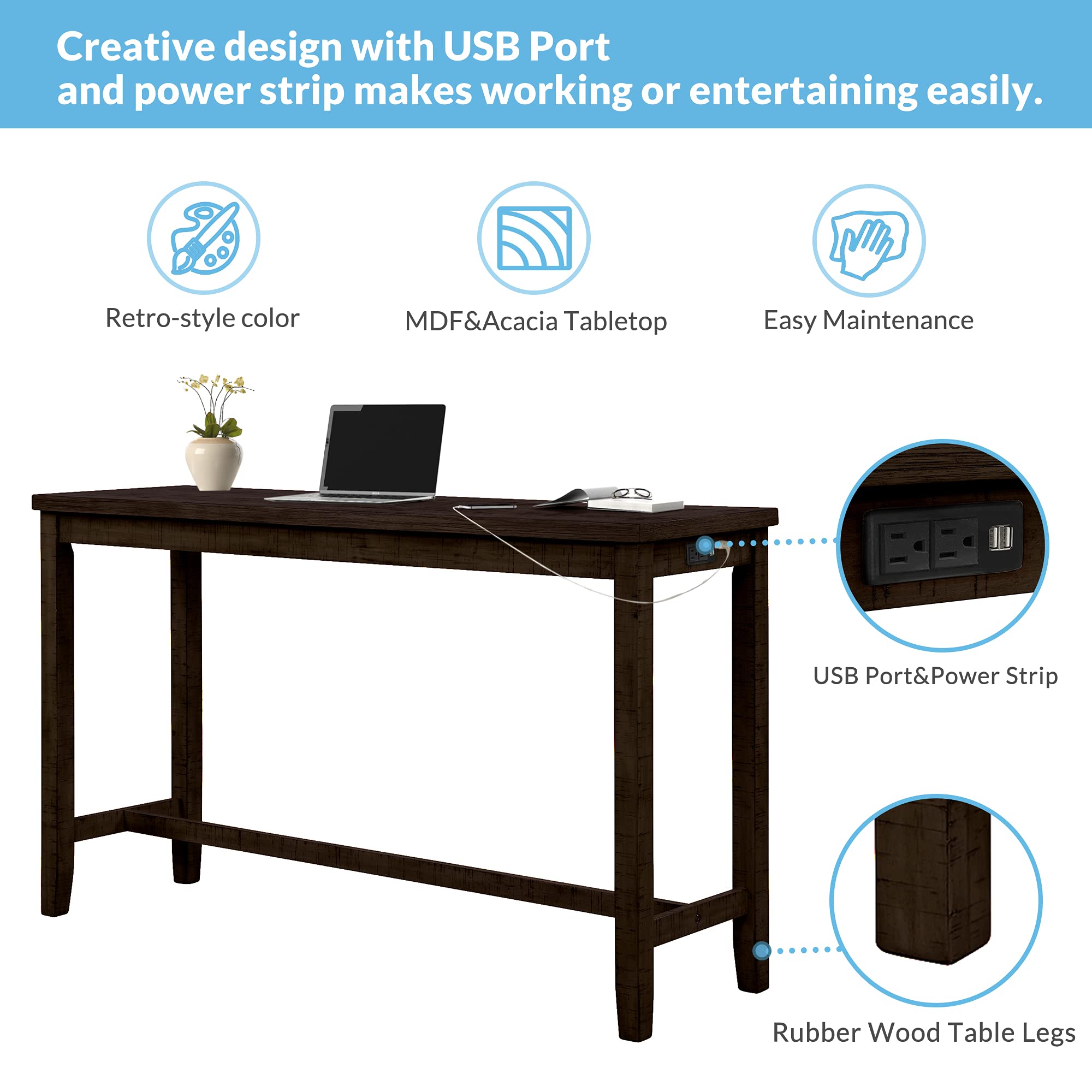 4-Piece Counter Height Dining Table Set with USB Socket & Fabric Padded Stools - Rustic Brown Bar Height Table for Kitchen, Breakfast Nook, Home Office or Small Space Dining - Perfect for Eating, Working & Studying