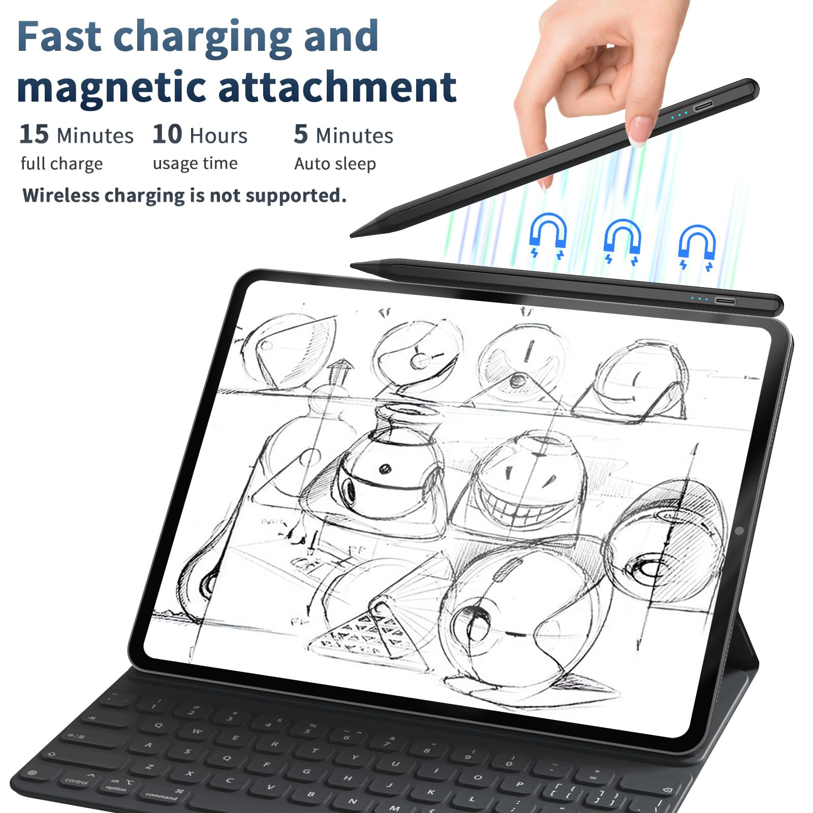 Premium Stylus Pen for iPad (2024-2018 Models) - Fast 30-Min Charge, Tilt Sensitivity, Palm Rejection & Magnetic Attachment - Compatible with iPad 10/9/8/7/6, iPad Air 3/4/5/11/M2, iPad Mini 5/6, iPad Pro 11/12.9/13-Inch M4 - Perfect for Drawing, Note-Taking & Digital Art