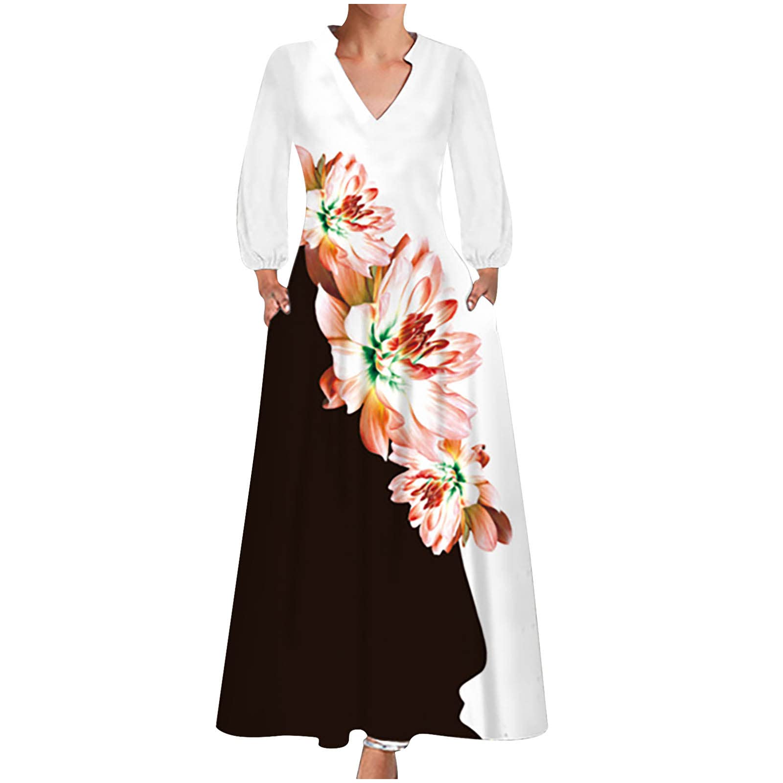 Plus Size Floral Print Long Sleeve Women's Dress with Pockets - Loose V Neck Flowy Maxi Dress for Casual Wear, Beach Vacation & Everyday Comfort