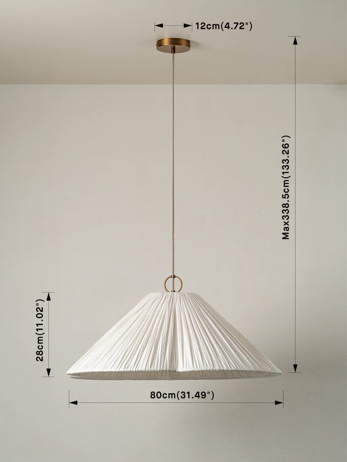 Vintage Aged Brass & Linen Oversized Scalloped Pendant Light - Farmhouse Style Ceiling Fixture for Dining Room, Kitchen Island or Bedroom