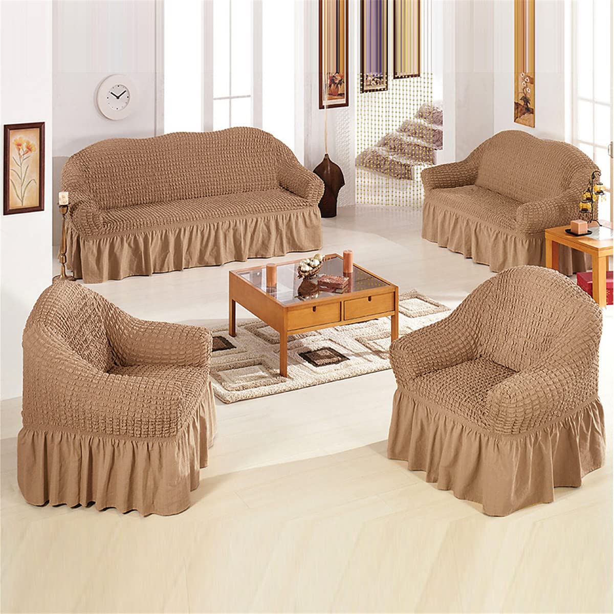 Qubjus Stretch Sofa Slipcover - Washable Couch Cover for Sofa & Bed - Elastic Bottom & Skirt Furniture Protector (Brown, XL) - Perfect for Living Room, Family Room & Guest House Decor