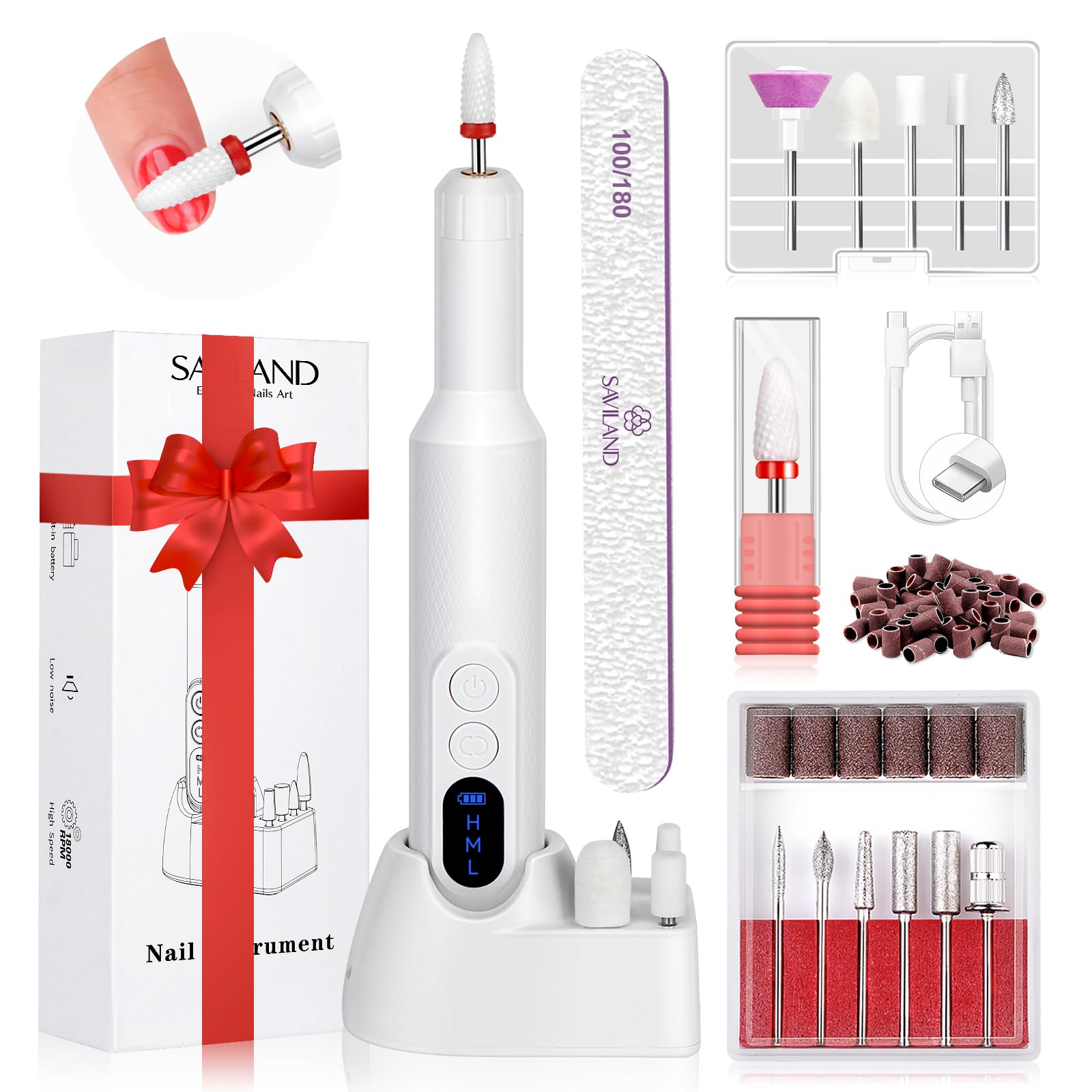 SAVILAND Electric Nail File Kit - Professional White Nail Drill Machine with 12 Drill Bits for Manicure, Pedicure & Nail Art | Portable, Lightweight Design for Home & Salon Use | Perfect Gift for Nail Lovers & Professionals