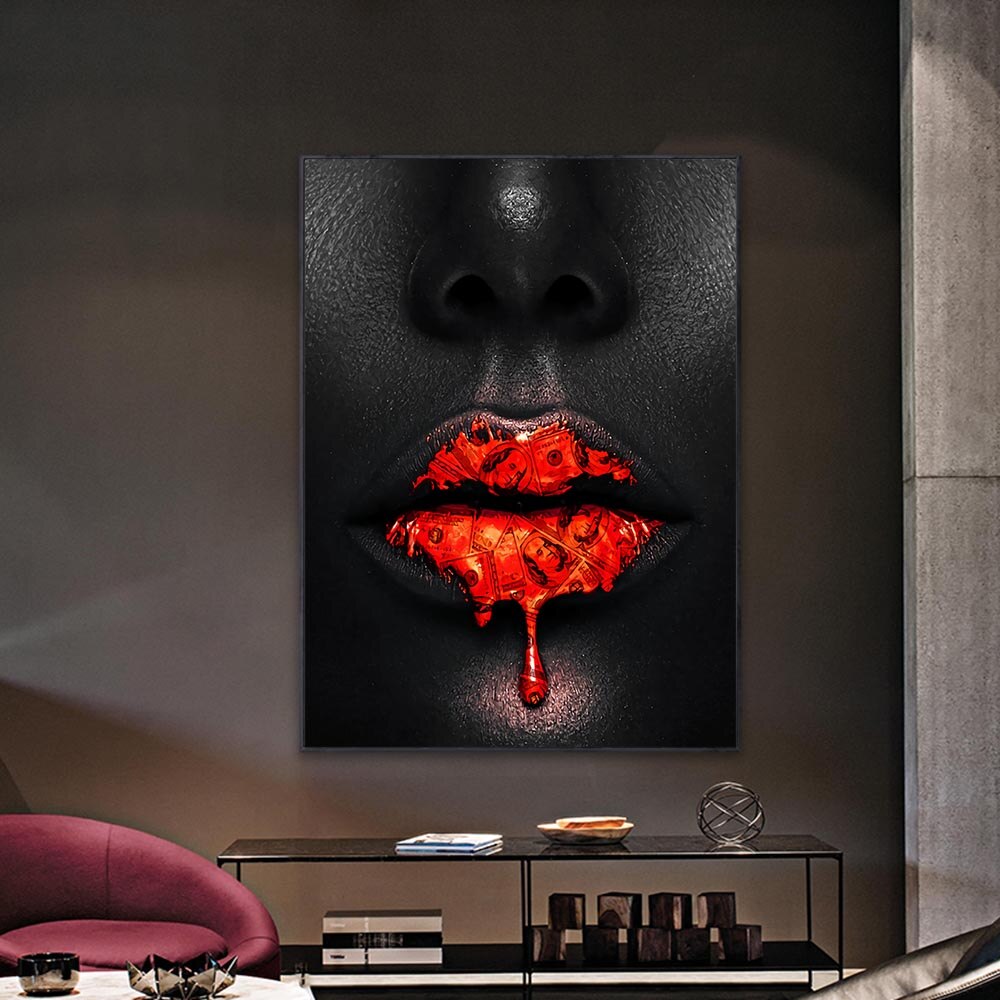 Black Women Red Lips Art - Dripping & Seductive Canvas Wall Decor - Perfect for Living Room, Bedroom & Office Aesthetic