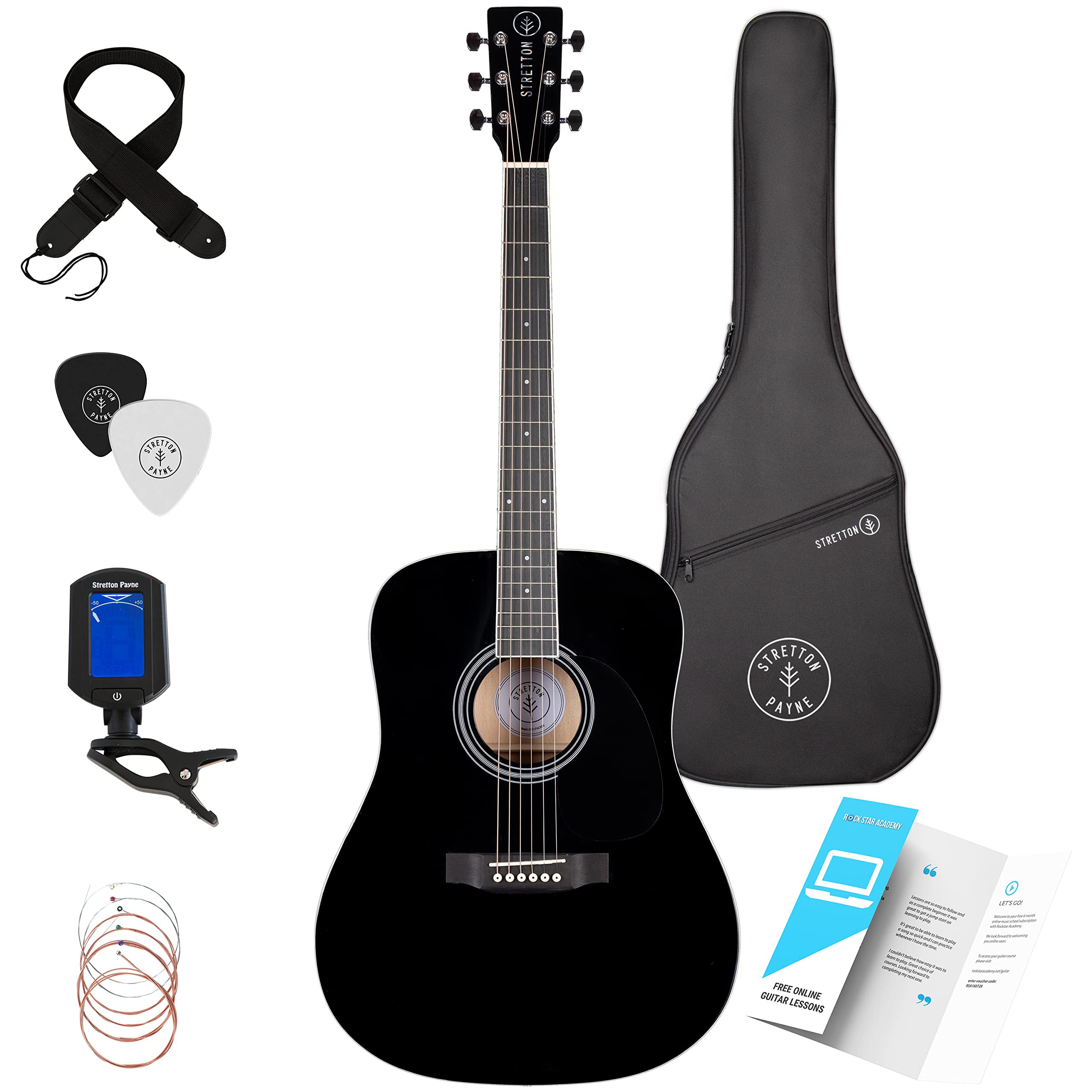 Stretton 41 Inch Dreadnought Acoustic Guitar Full Size Steel String Beginner Kit with Gig Bag, Tuner, Picks & Strap - Complete Starter Package for Adults & Teens (Black) - Perfect for Home Practice, Campfire Jams & Music Lessons