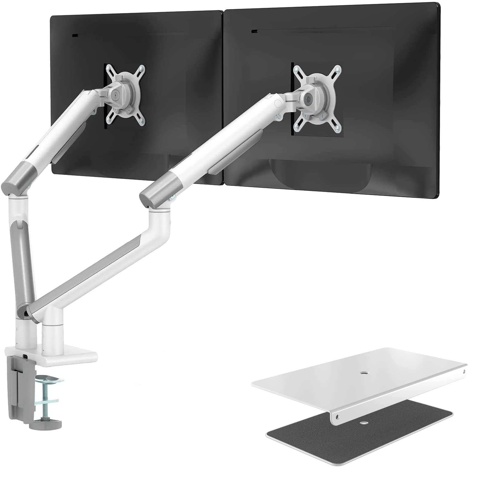 WALI Dual Monitor Stand with Steel Reinforcement Plate - Adjustable White Monitor Arms for 2 Screens, Heavy Duty Desk Mount - Perfect for Home Office, Gaming Setup & Workspace Ergonomics