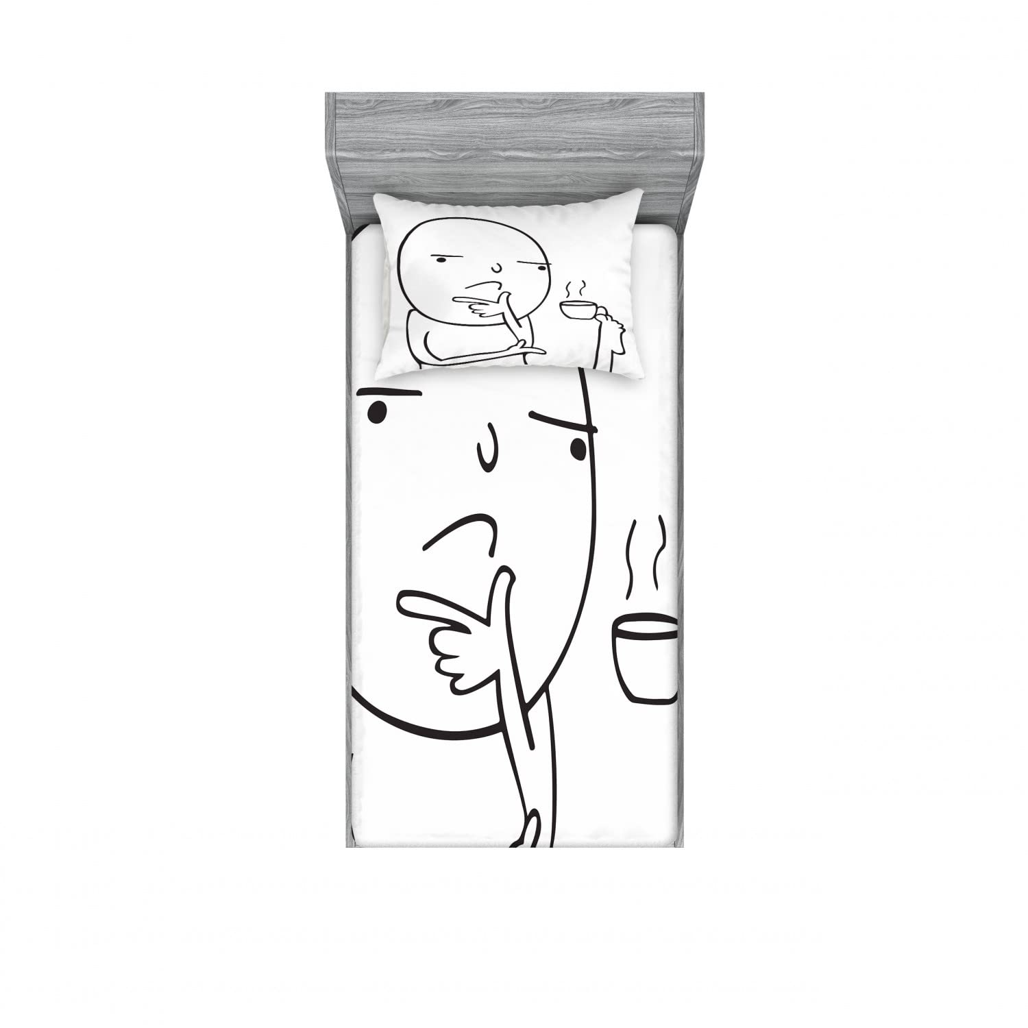 Ambesonne 2-Pack Twin Fitted Sheets & Pillow Sham Set - Funny Coffee Meme Design, Black & White 4-Piece Bedding Set (2 Fitted Sheets + 2 Pillow Covers) - Perfect for Dorm Rooms, Guest Beds & Themed Bedroom Decor