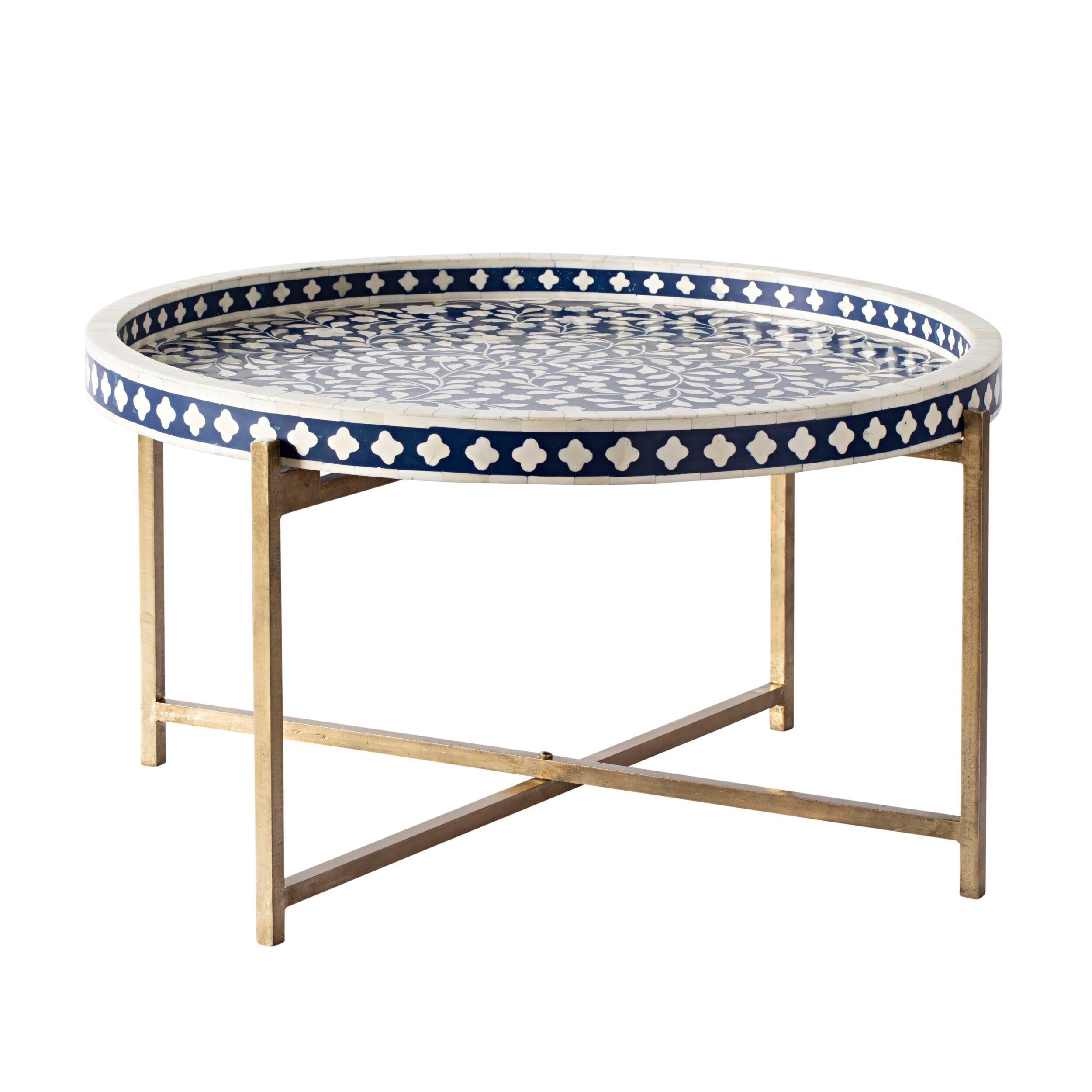 Exquisite Blue and Gold Bone Inlay Round Coffee Table - 41cm Handcrafted Home Decor for Living Room, Lounge & Office