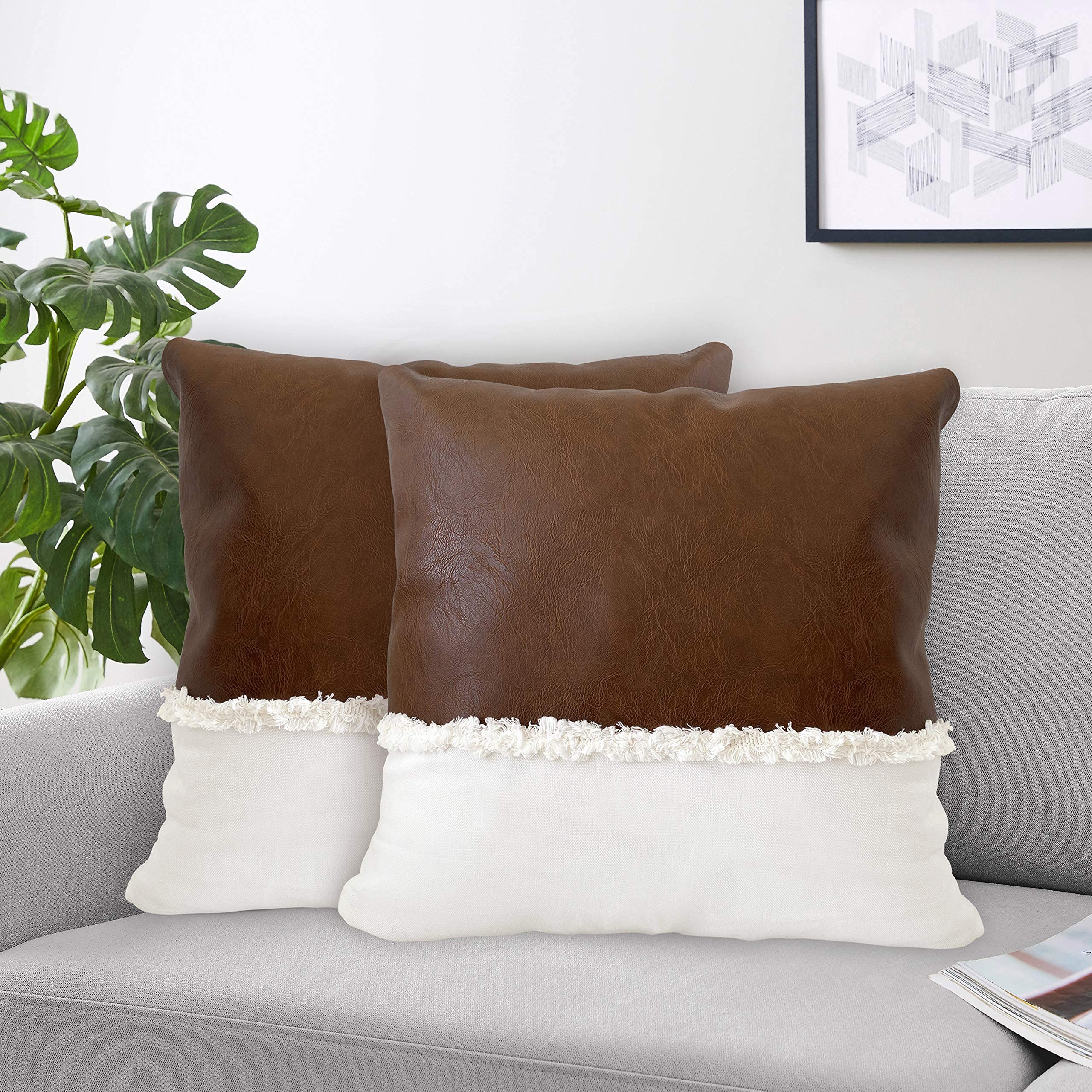 Boho Faux Leather Tufted Square Pillow Covers Set of 2 - 18x18 Inches, Brown Cream Beige Ivory, Bohemian Farmhouse Decorative Throw Pillow Cases for Couch, Bedroom, Living Room & Dorm Decor - Perfect for Rustic, Modern & Boho Home Styling