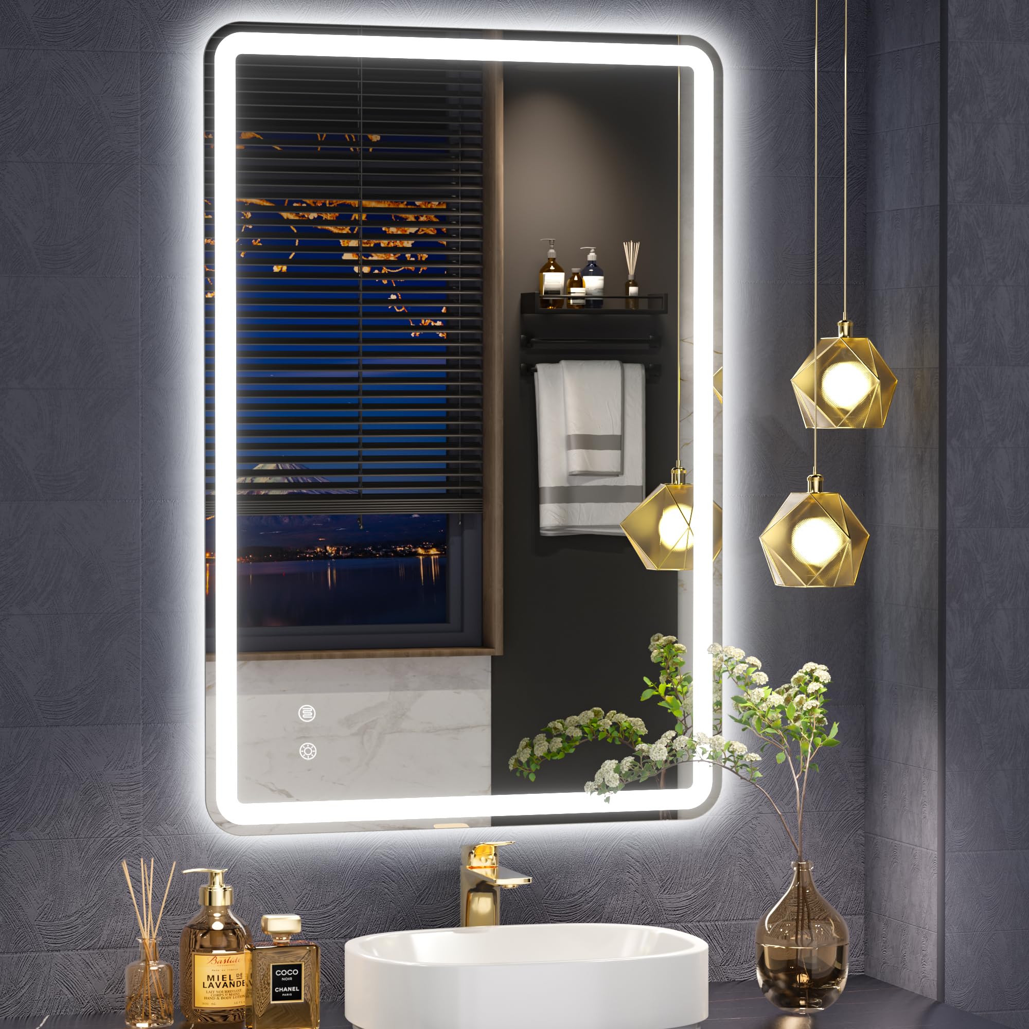 24x36 Inch Frameless LED Bathroom Mirror with 3 Color Lights, Stepless Dimmable & Anti-Fog - Horizontal/Vertical Hanging Vanity Mirror for Makeup, Shaving & Home Decor