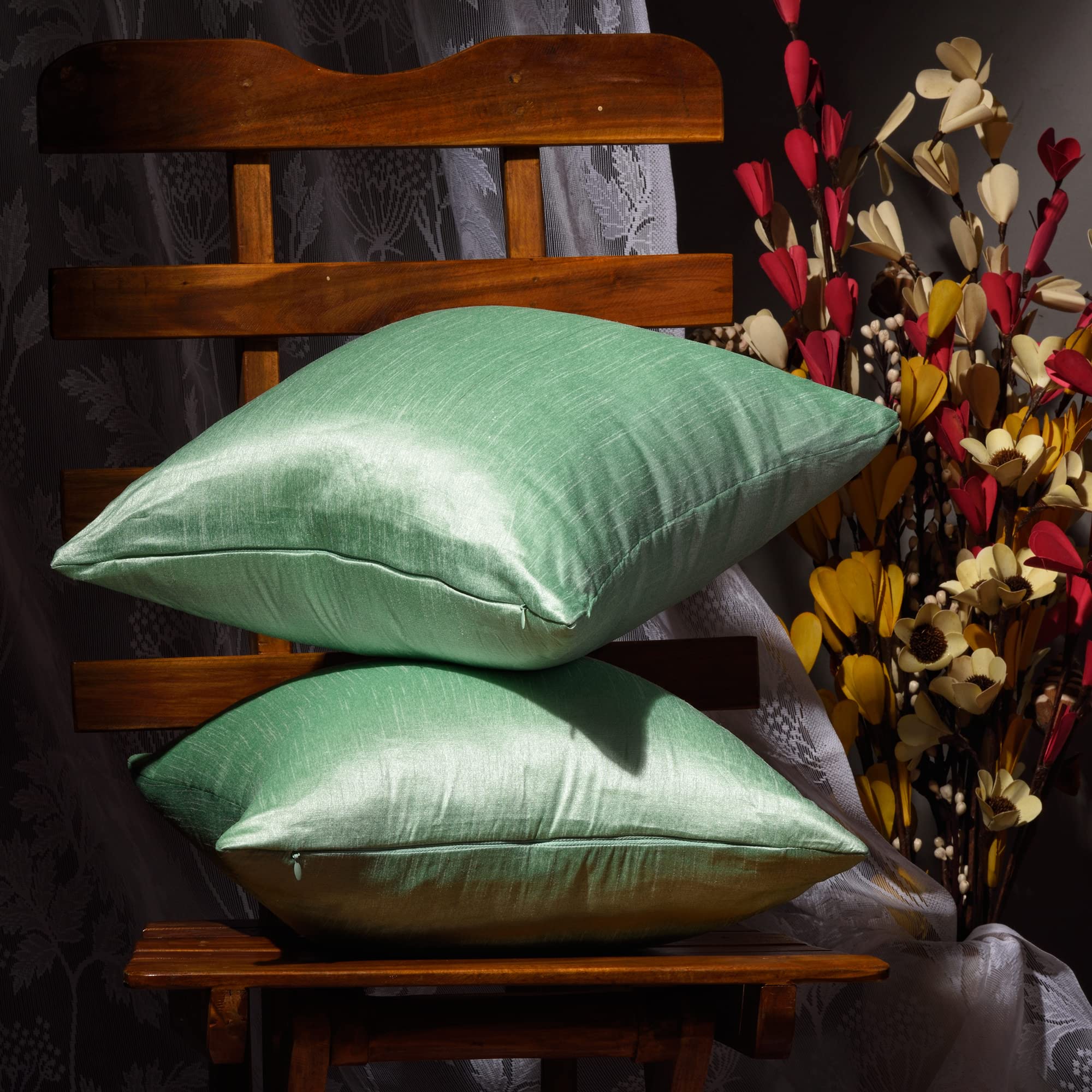 Boho Decorative Throw Pillow Set of 2 - 12x12 Silk Solid Pillow Covers for Couch, Sofa & Bed - Farmhouse & Boho Living Room Decor in Pistachio Green - Perfect for Home Styling, Cozy Reading Nooks & Guest Room Accents