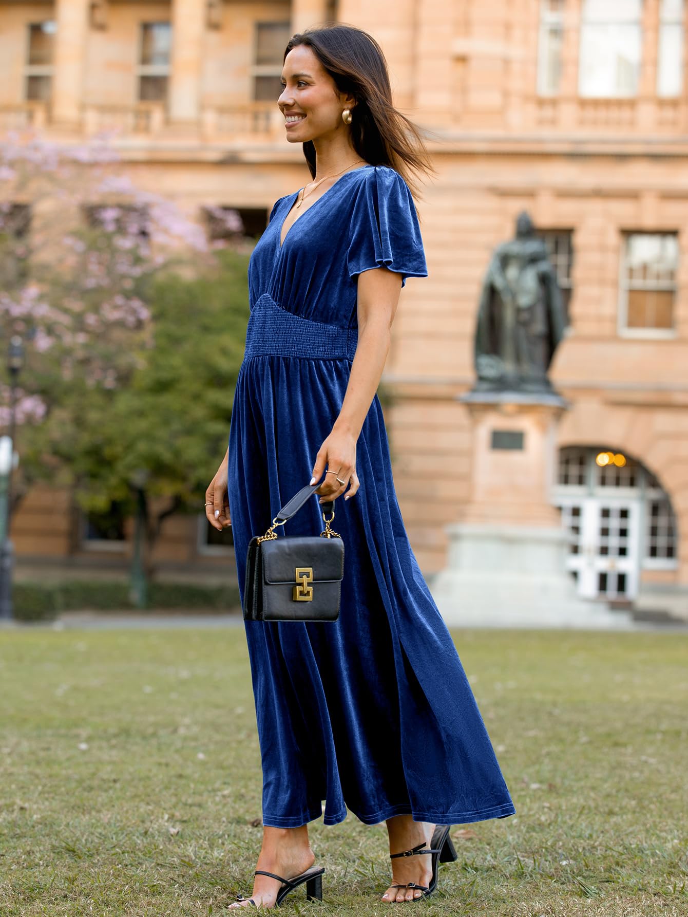 Simplee Women's Short Sleeve Velvet Maxi Dress - V Neck Empire Waist Formal Gown for Wedding Guest, Evening Party & Special Occasions