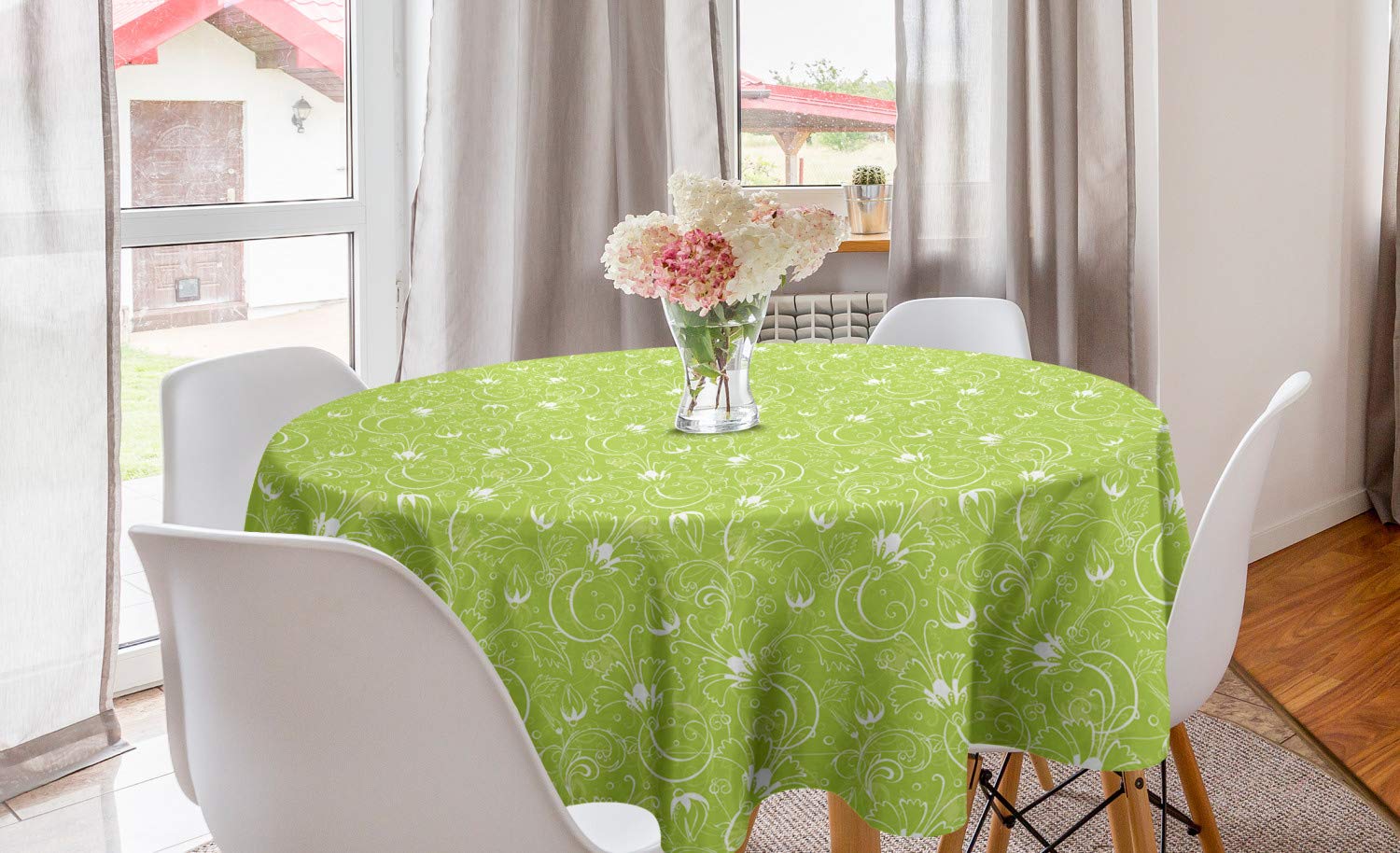 Ambesonne Abstract Round Tablecloth - Curlicue Style Floral Design with Twigs & Branches in Apple Green & White | 60