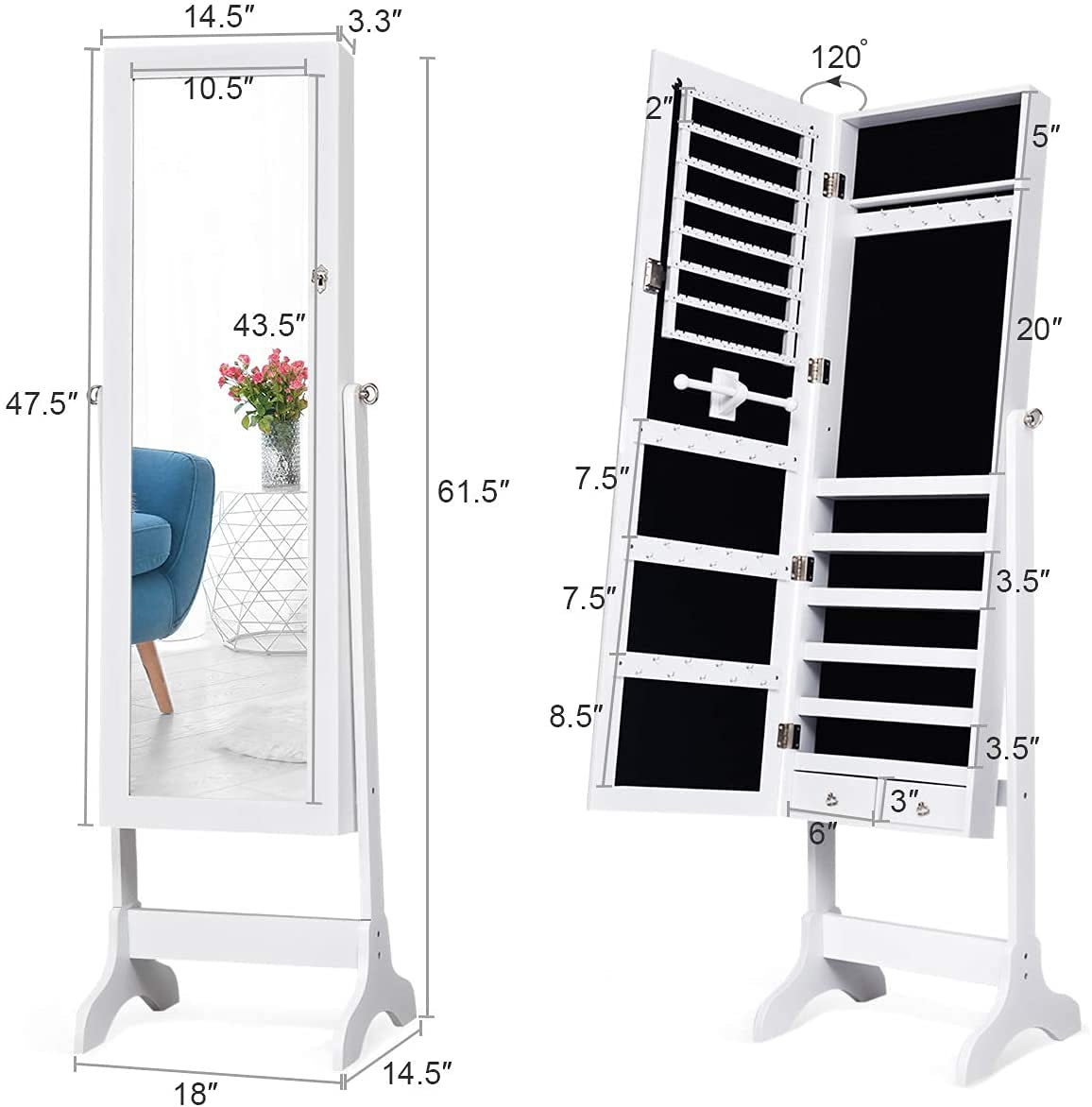 Lockable Mirrored Standing Jewelry Armoire Organizer - Large Jewelry Storage Cabinet with Full-Length Mirror, 4 Adjustable Hooks & 2 Drawers, 2-in-1 Jewelry Box Organizer (White) - Perfect for Bedroom, Closet, or Dressing Room Organization
