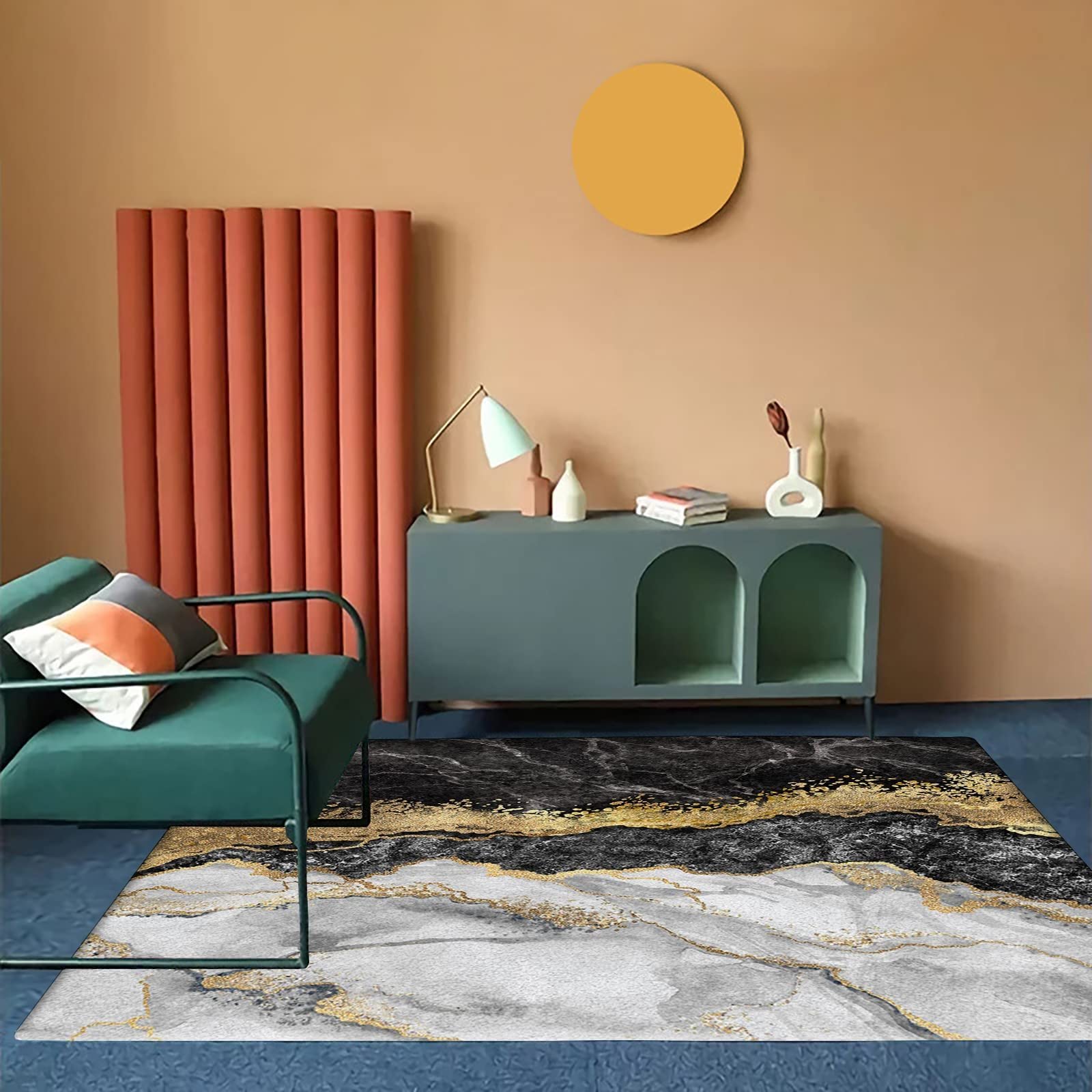 Abstract Modern Marble Area Rug 5' x 7' - Black and Gold Marble Pattern Non-Slip Floor Carpet for Living Room, Bedroom, Sofa - Indoor Home Decor Rug for Stylish Spaces